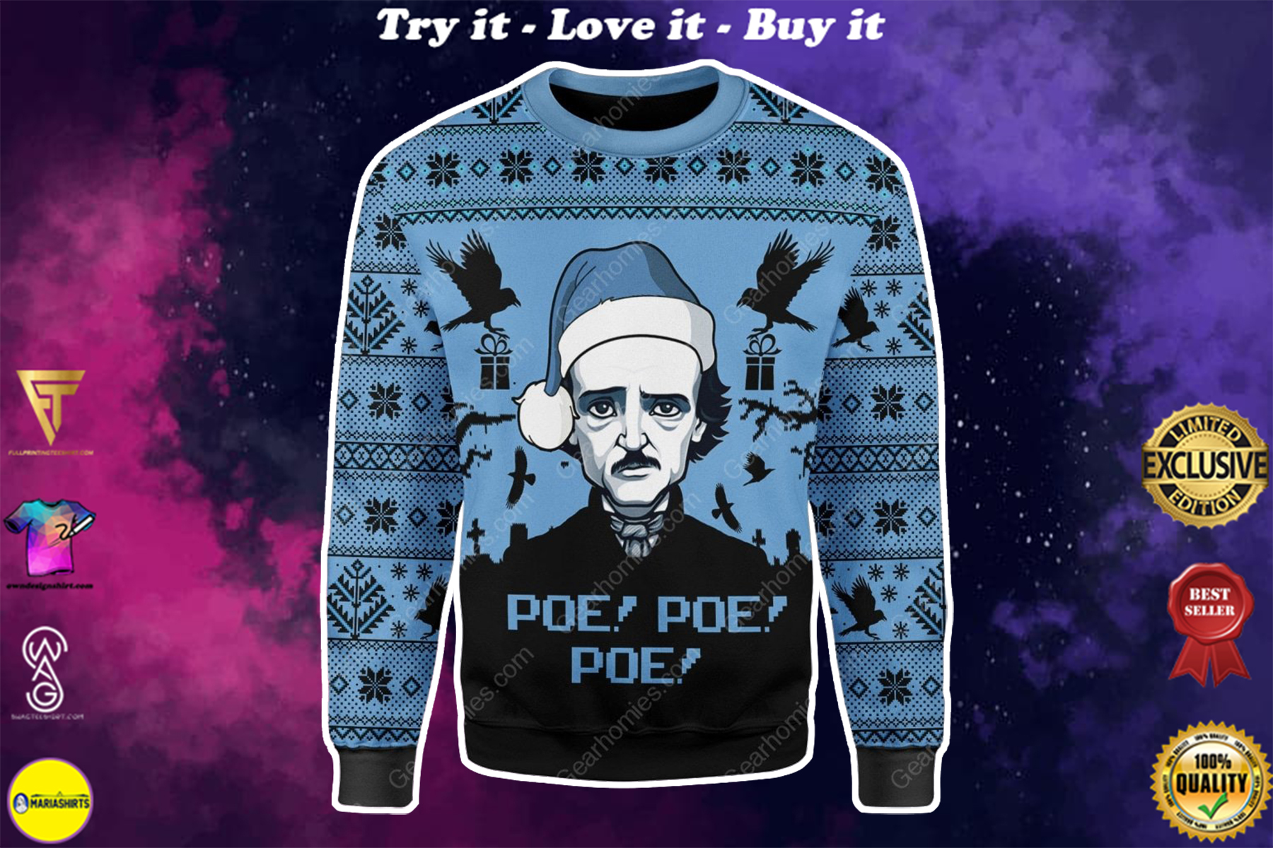 edgar allan poe poe poe all over printed ugly christmas sweater