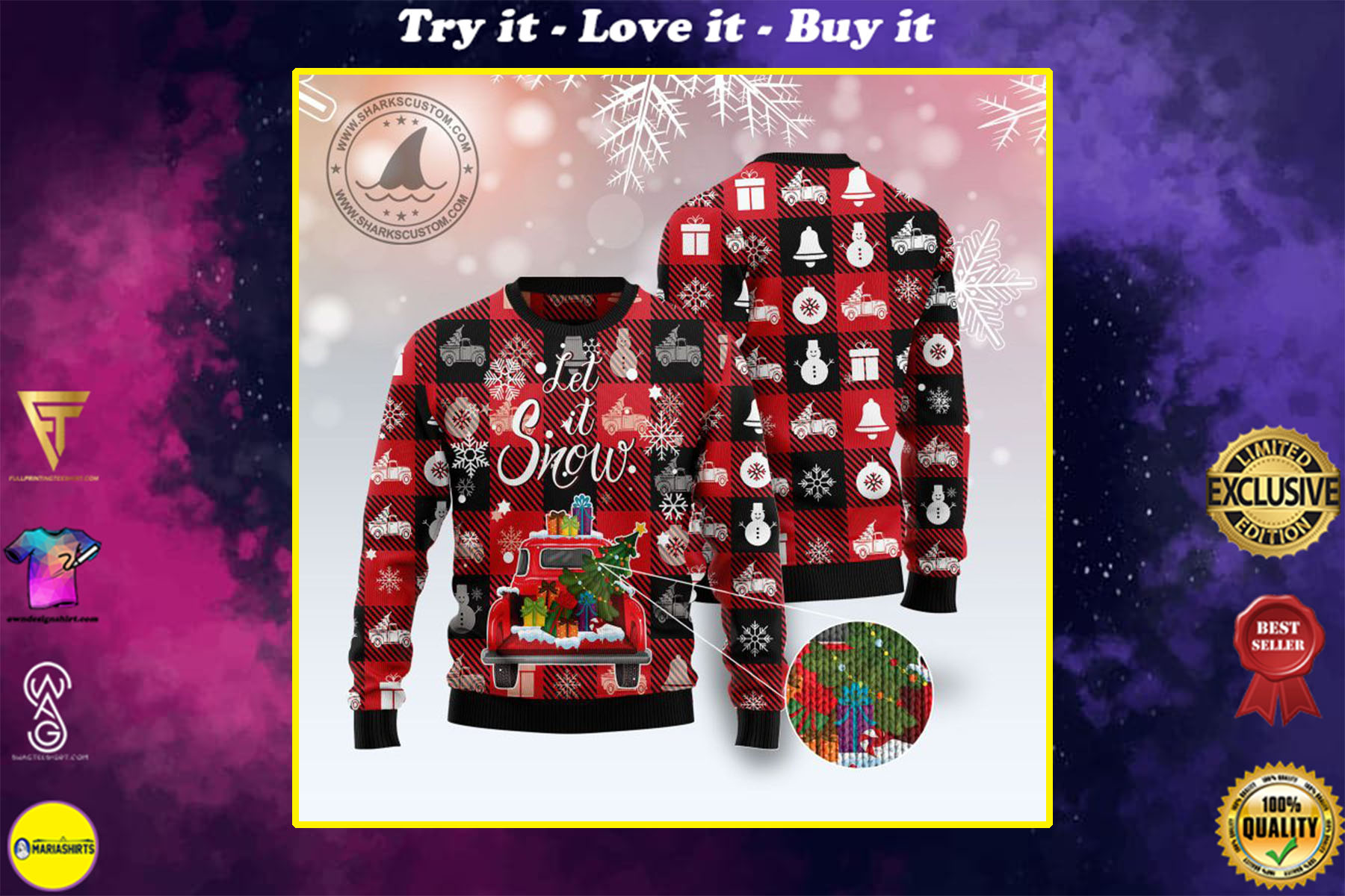 hallmark red truck let it snow all over printed ugly christmas sweater