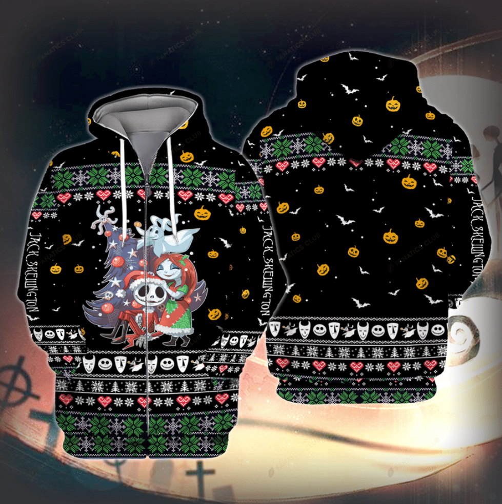Jack Skellington and Sally ugly Christmas all over printed 3D zip hoodie