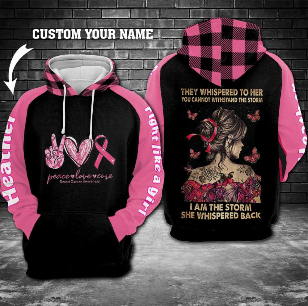 Personalized breast cancer awareness peace love cure all over printed 3D hoodie