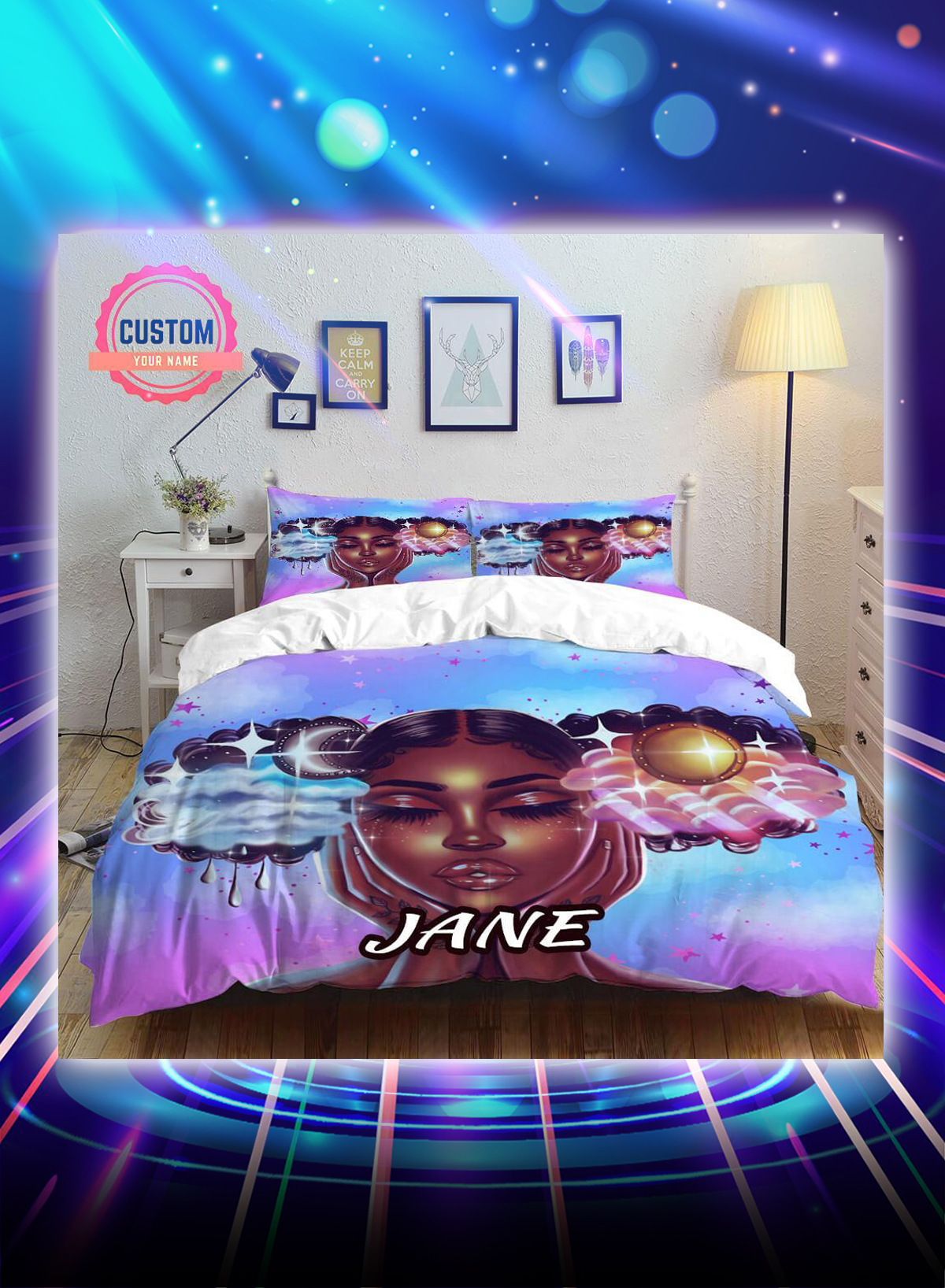 Sun and moon beautiful black girl personalized custom name bed set