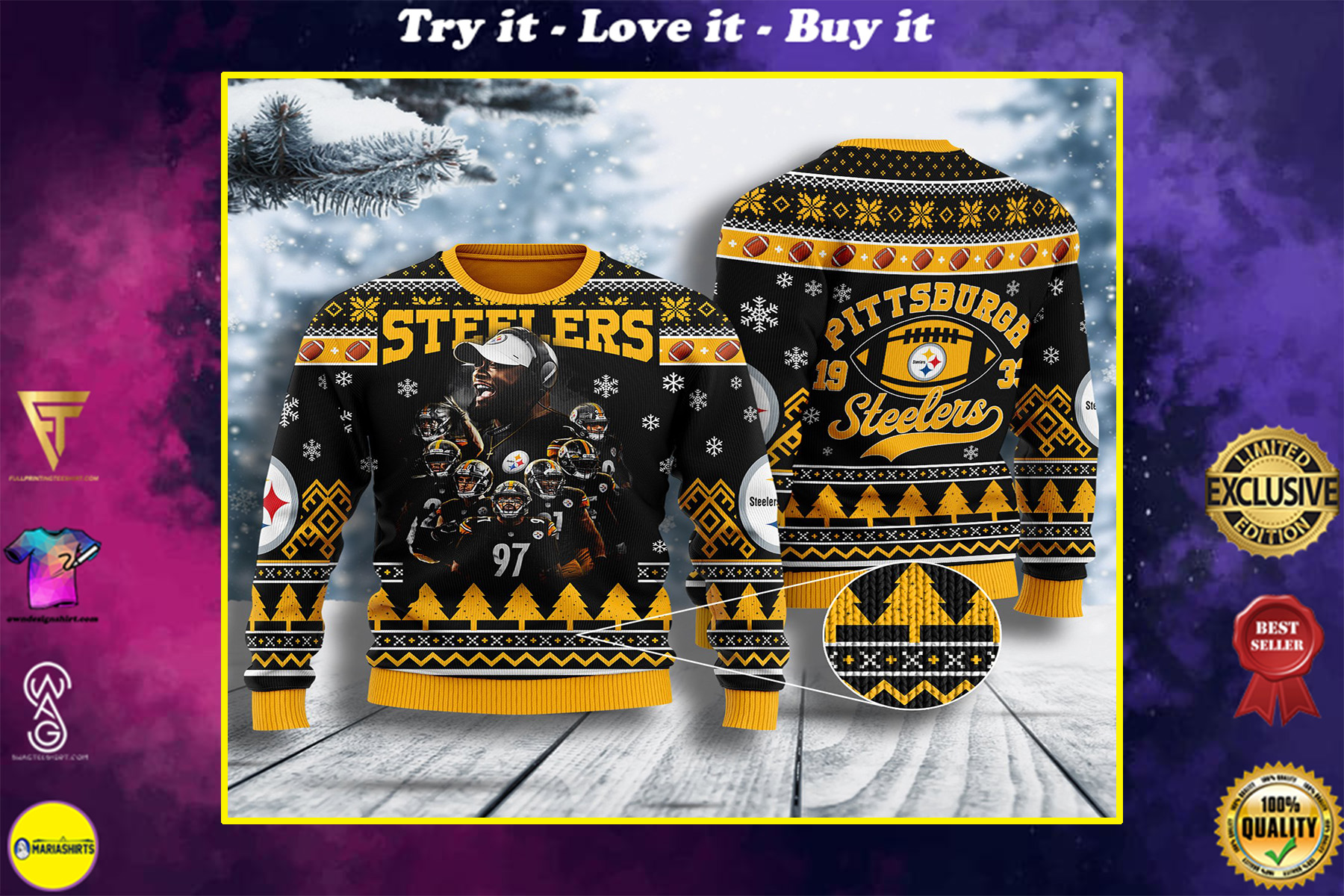 the pittsburgh steelers all over printed ugly christmas sweater