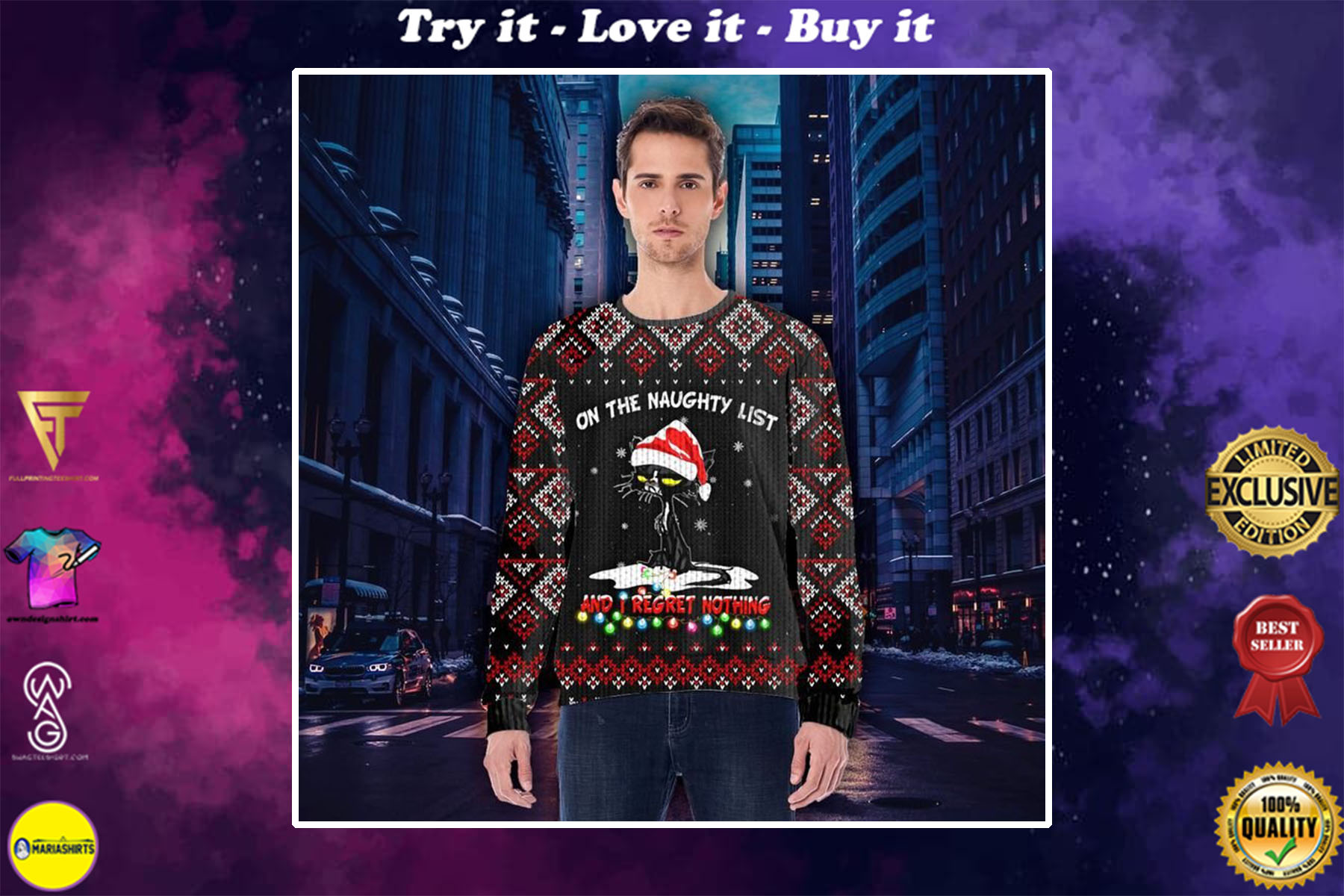 black cat on the naughty list and i regret no thing all over printed ugly christmas sweater