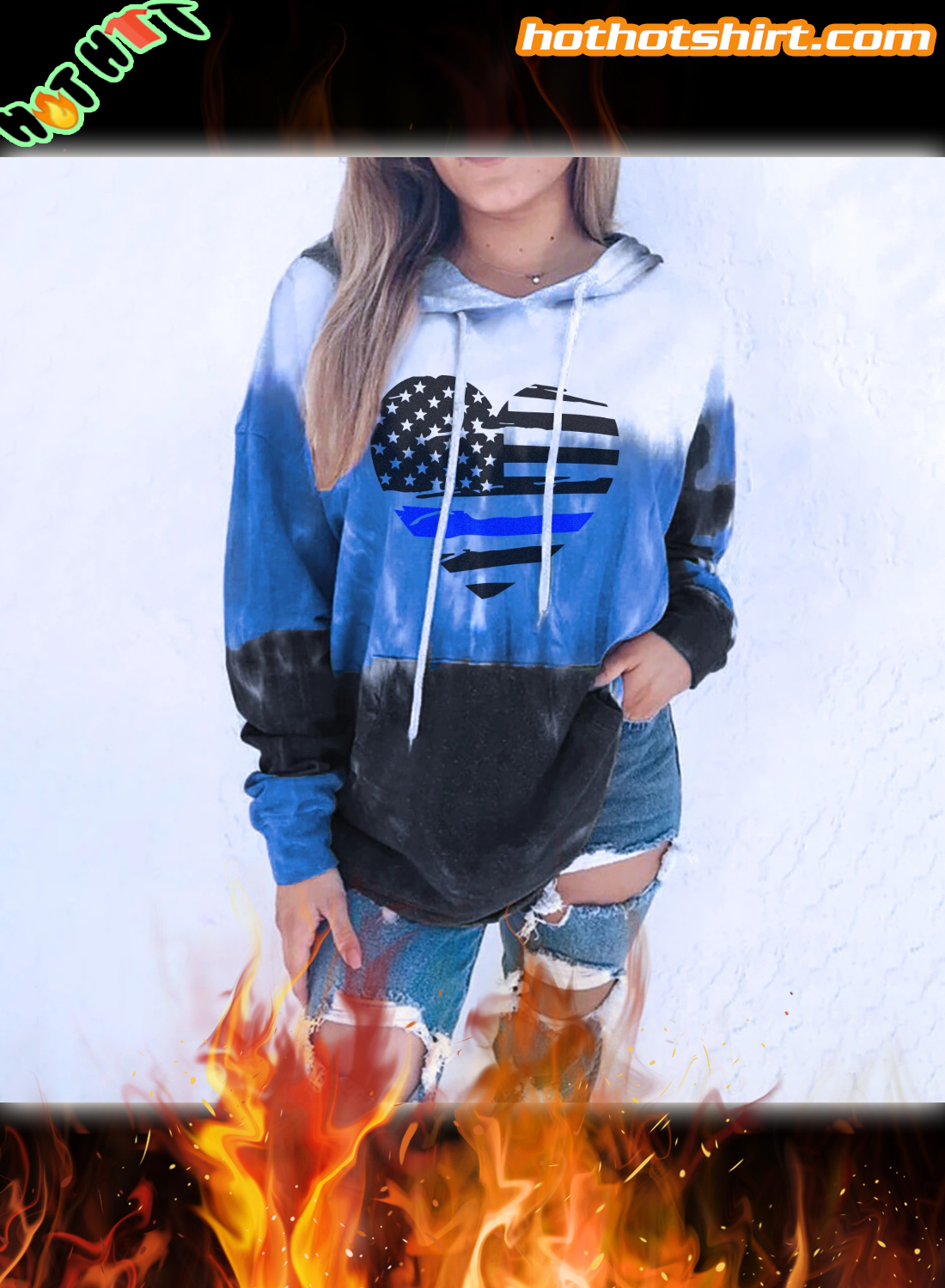 Thin Blue Line Heart Gradient 3D All Over Printed Hoodie 1