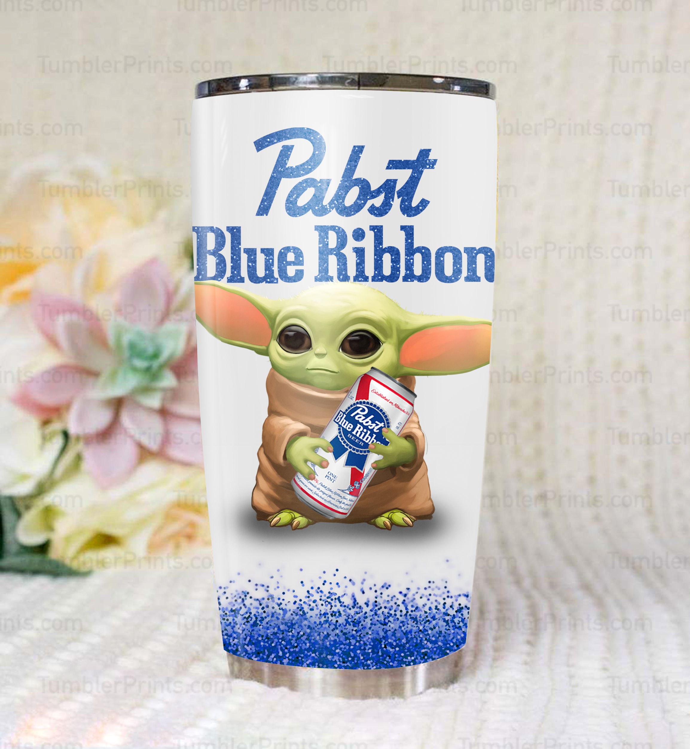 Baby yoda and pabst blue ribbon steel tumbler 1