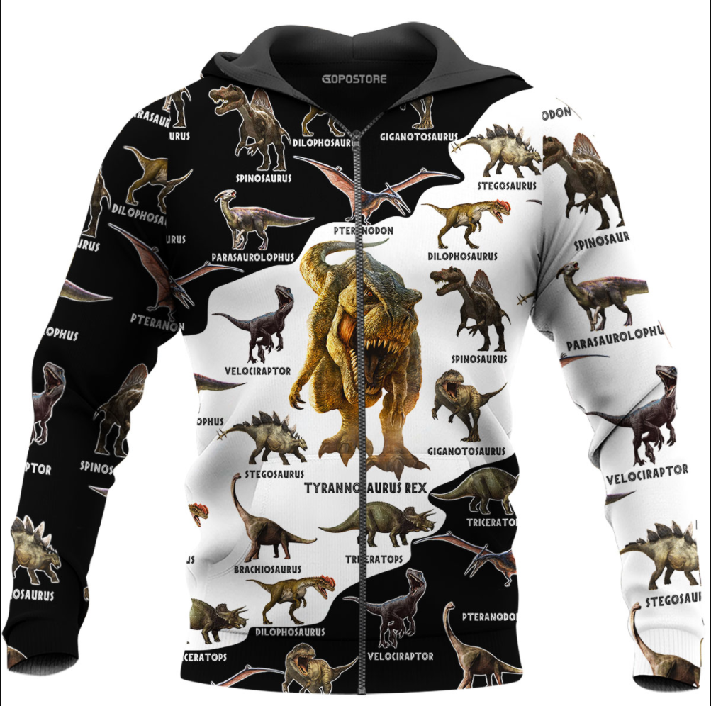 Type of dinosaurs all over printed 3D zip hoodie