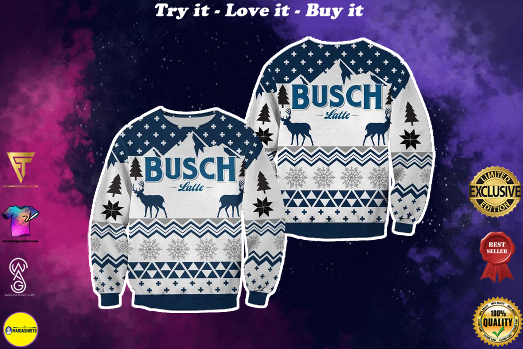 beer busch latte all over printed ugly christmas sweater