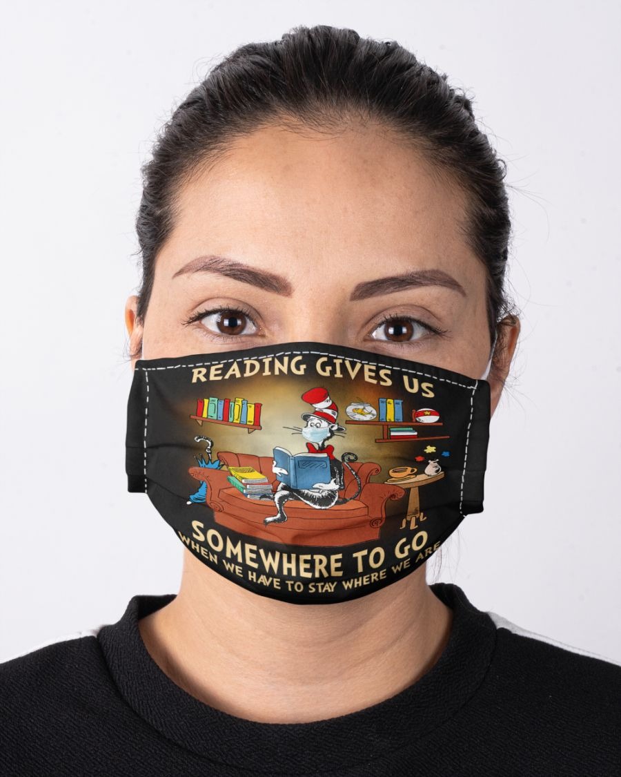 Cat Dr Seuss Reading gives us somewhere to go face mask