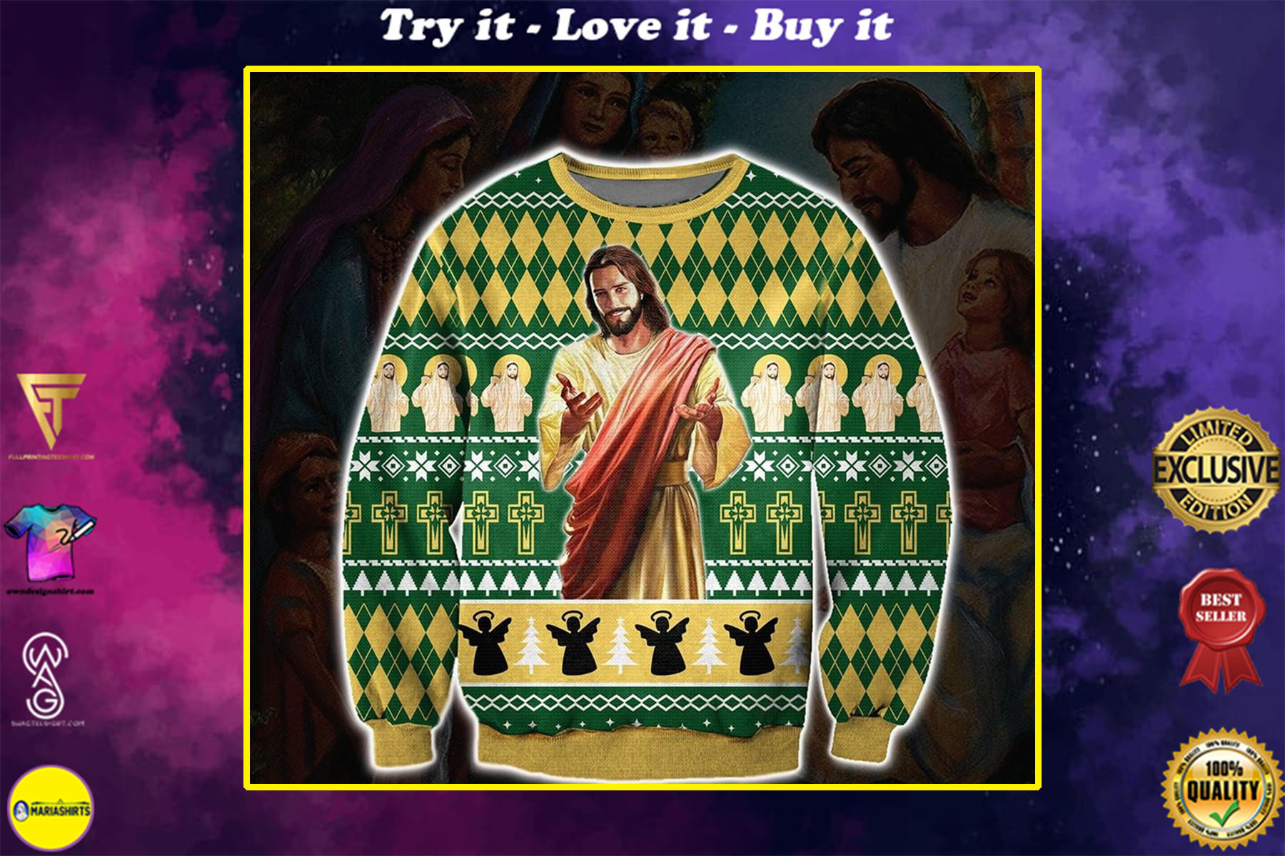 God all over printed ugly christmas sweater