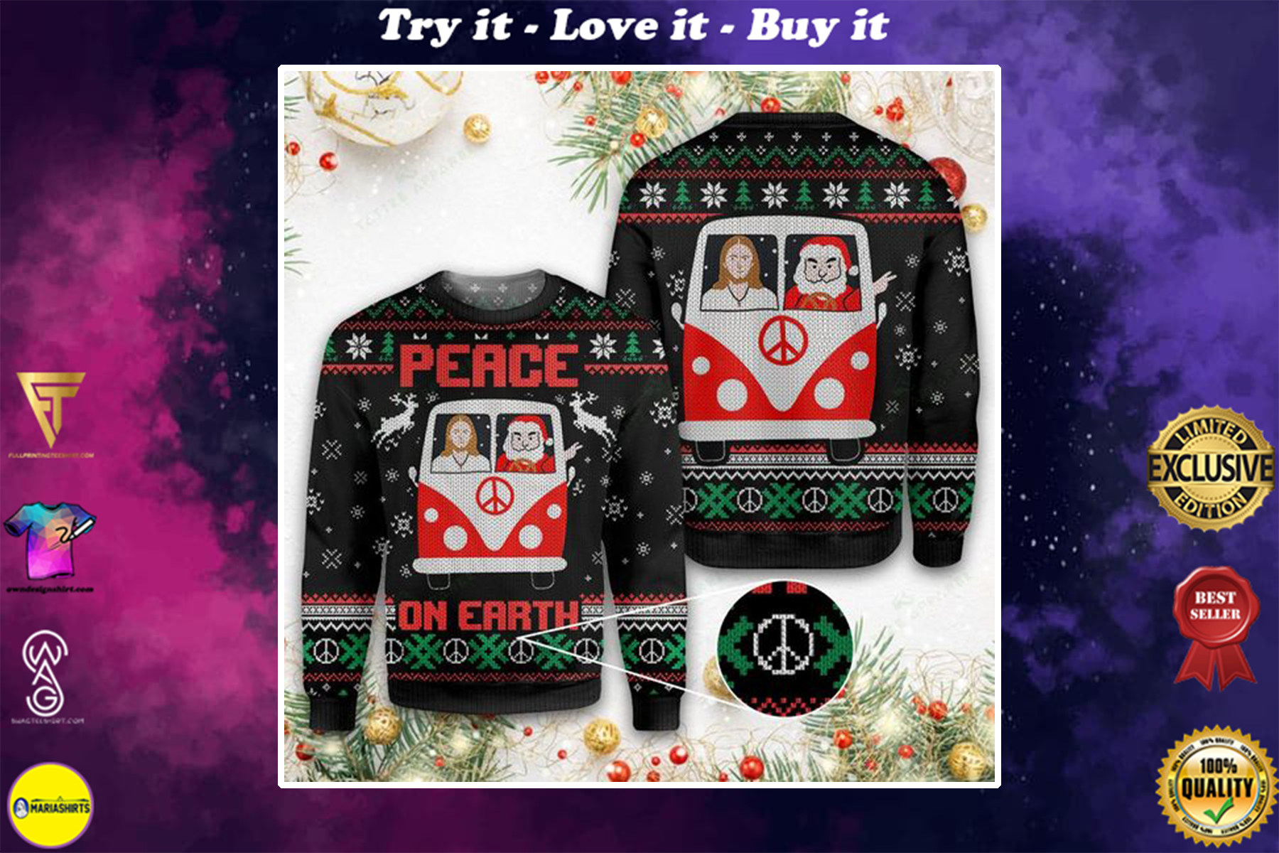 santa and Jesus peace on earth all over printed ugly christmas sweater