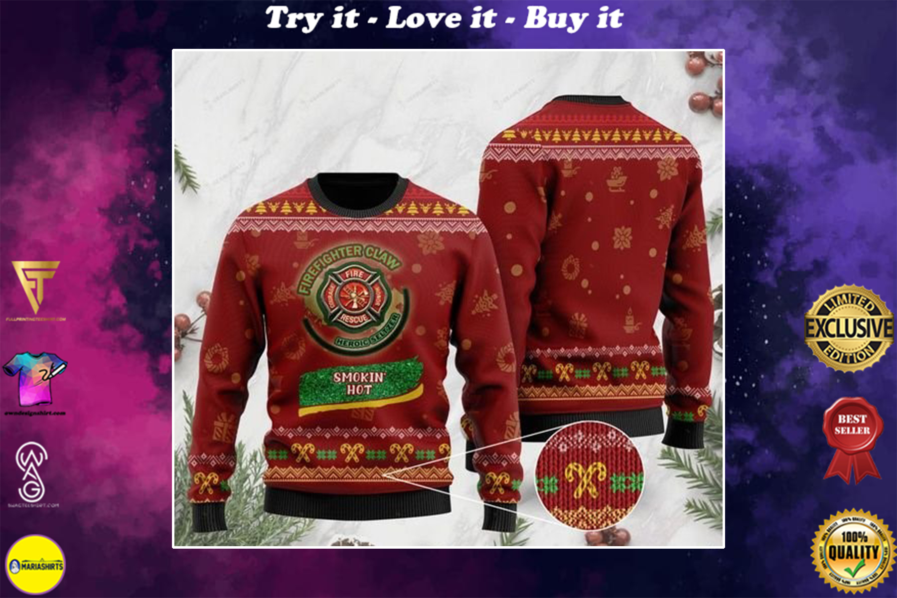 [special edition] christmas firefighter claw heroic seltzer smokin hot ugly sweater – maria