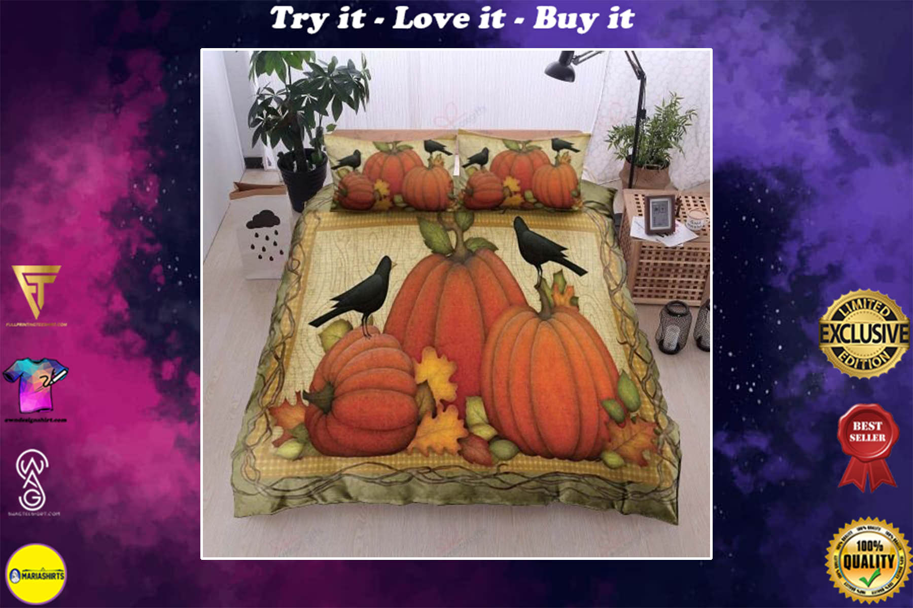 [special edition] halloween pumpkin and raven bedding set – maria