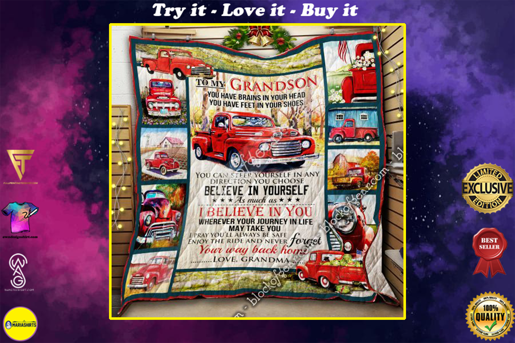 red truck to my grandson i believe in you and never forget your way back home your grandma quilt