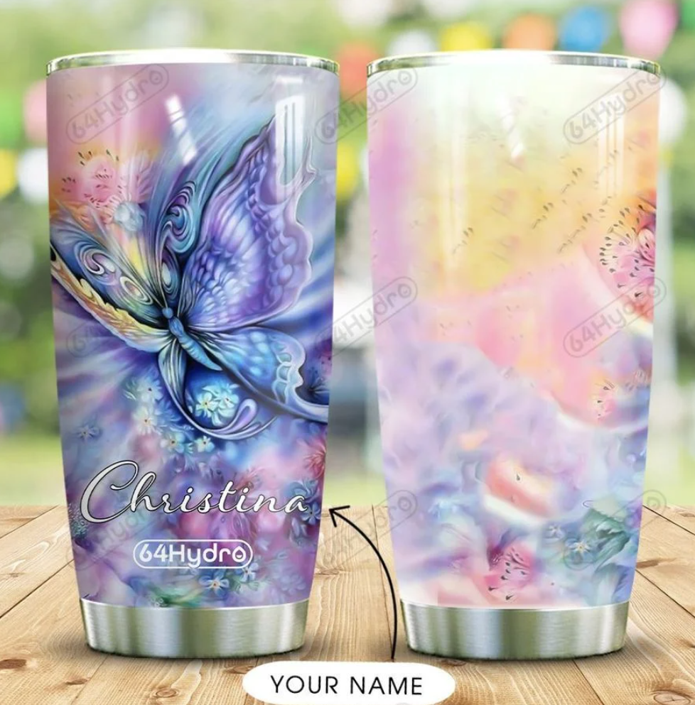 Personalized rainbow butterfly tumbler