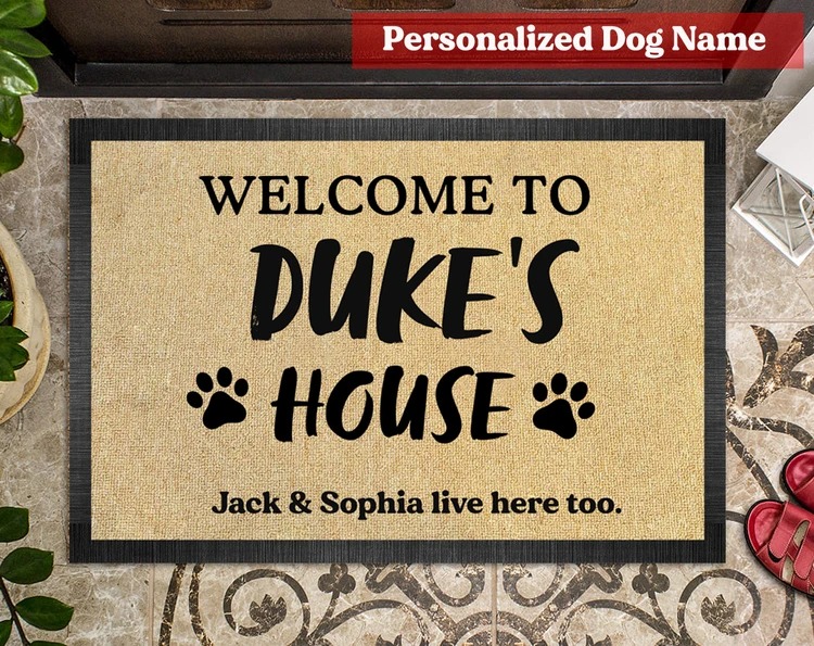Welcome to dog house live here too custom personalized name doormat 2