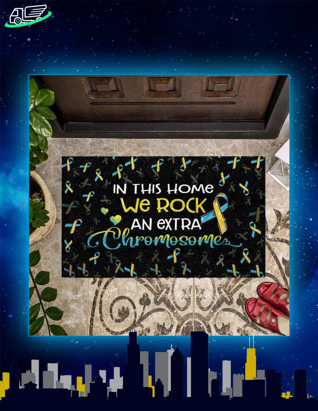 In this home we rock an extra chromosome down syndrome awareness doormat