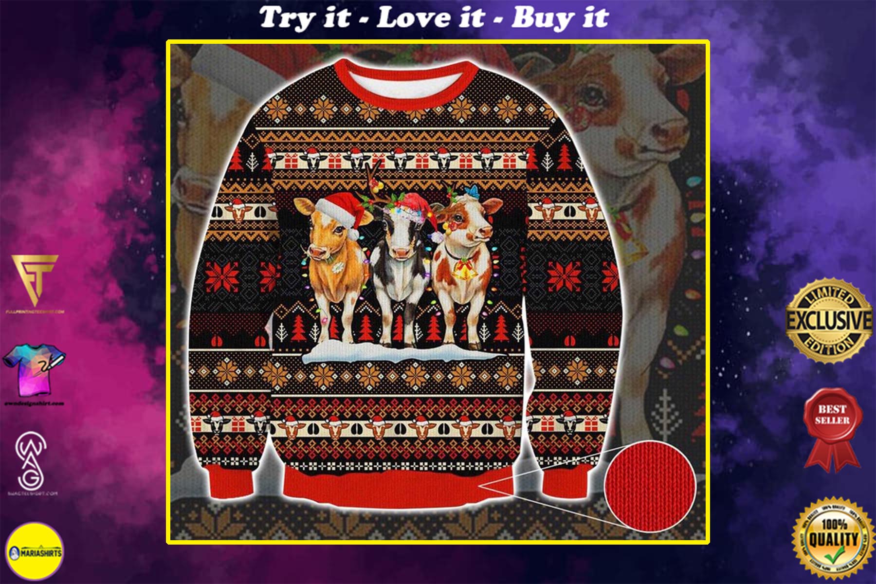 [special edition] cows christmas light all over printed ugly christmas sweater – maria