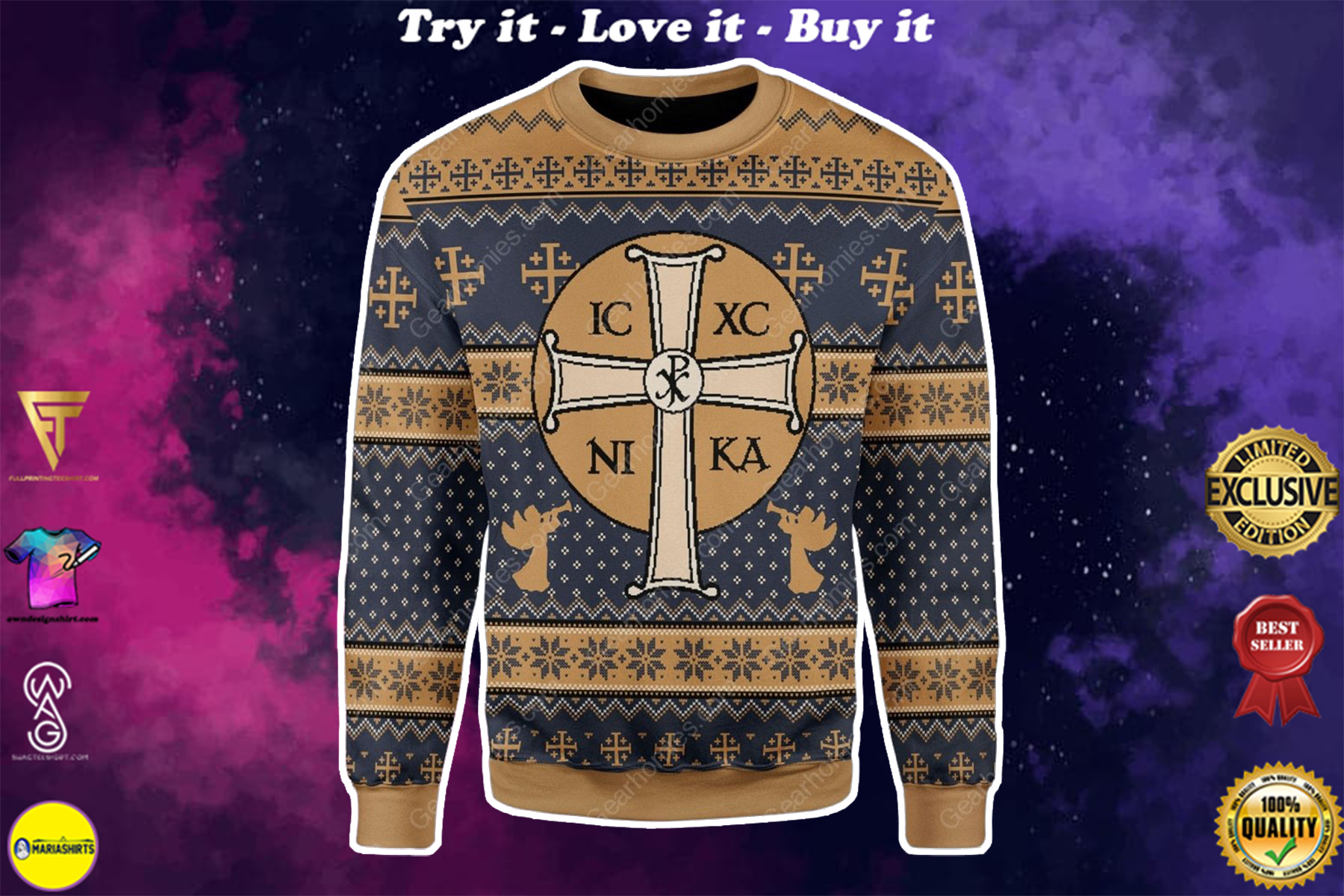 ic xc nika Jesus Christ all over printed ugly christmas sweater