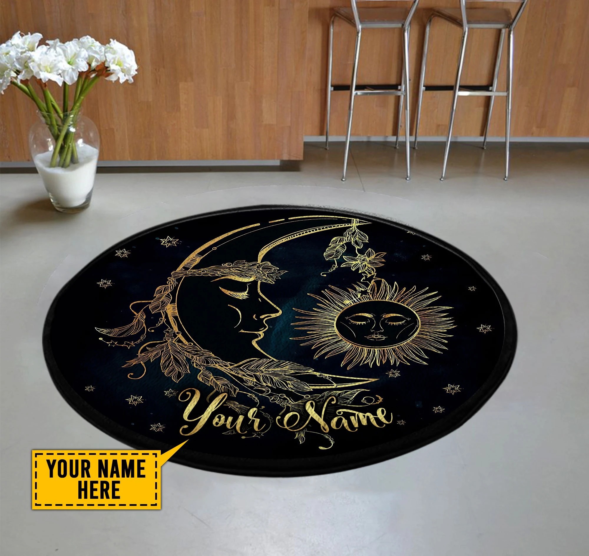 Hippie sun moon custom name round rug 2