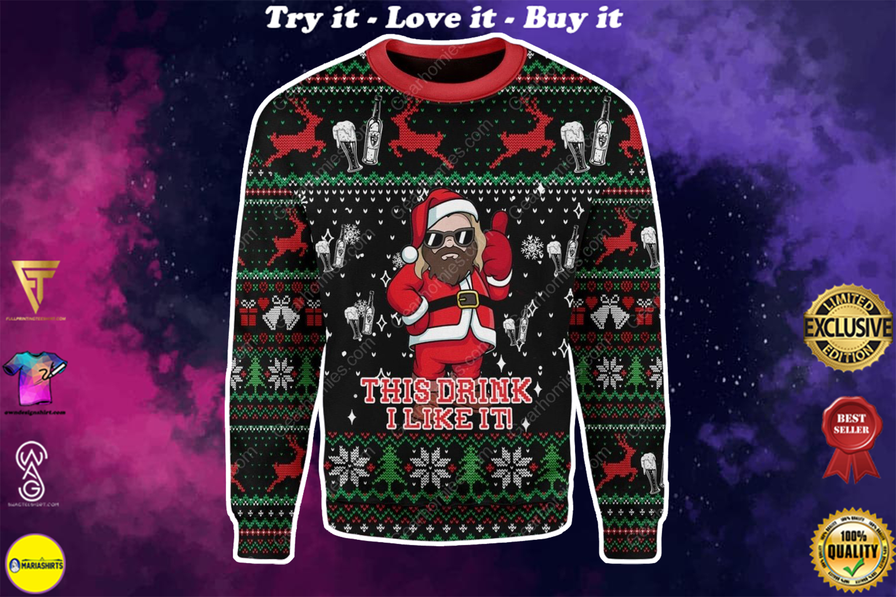 santa claus thor this drink i like it all over printed ugly christmas sweater