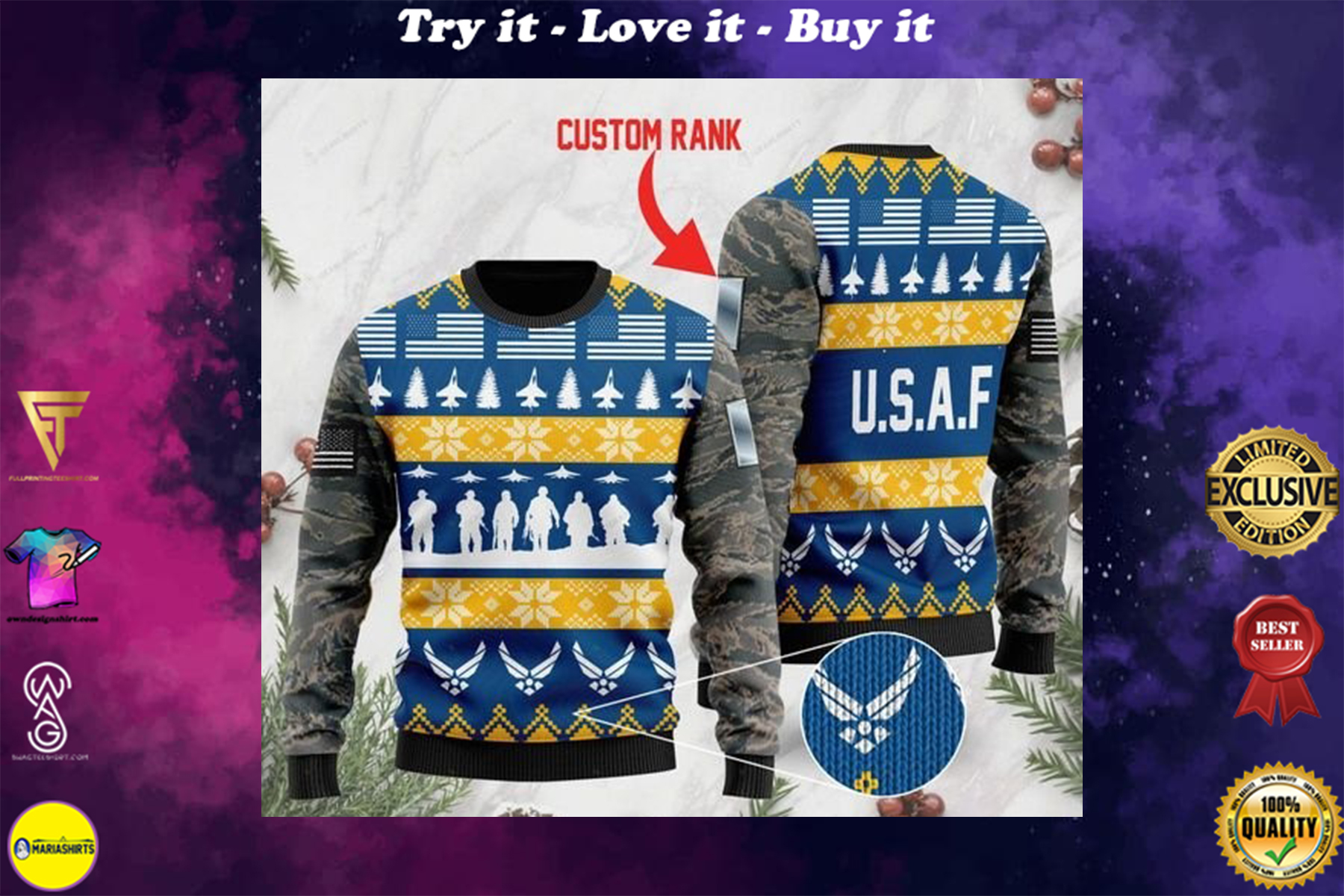 custom rank the united states air force full printing ugly sweater