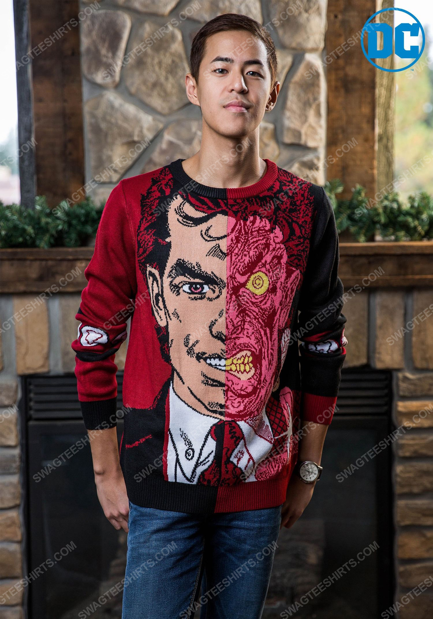 [special edition] Christmas holiday batman two-face full print ugly christmas sweater – maria