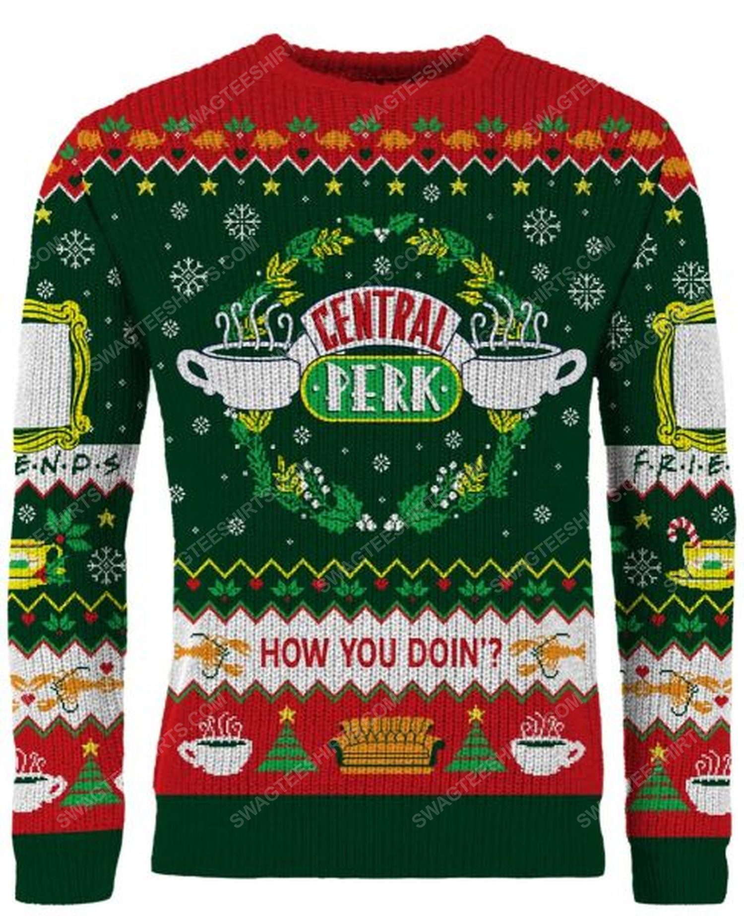 Central perk holiday how you doin full print ugly christmas sweater 1
