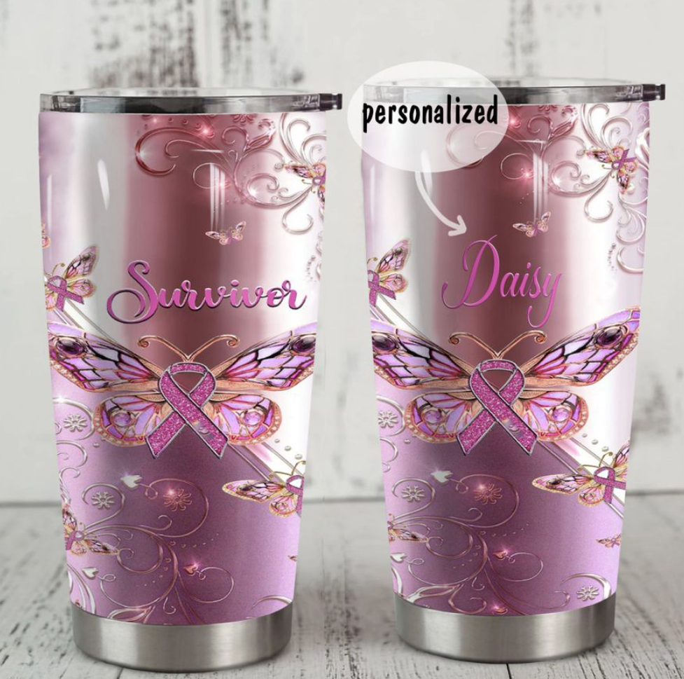 Personalized butterfly breast cancer awareness survivor tumbler
