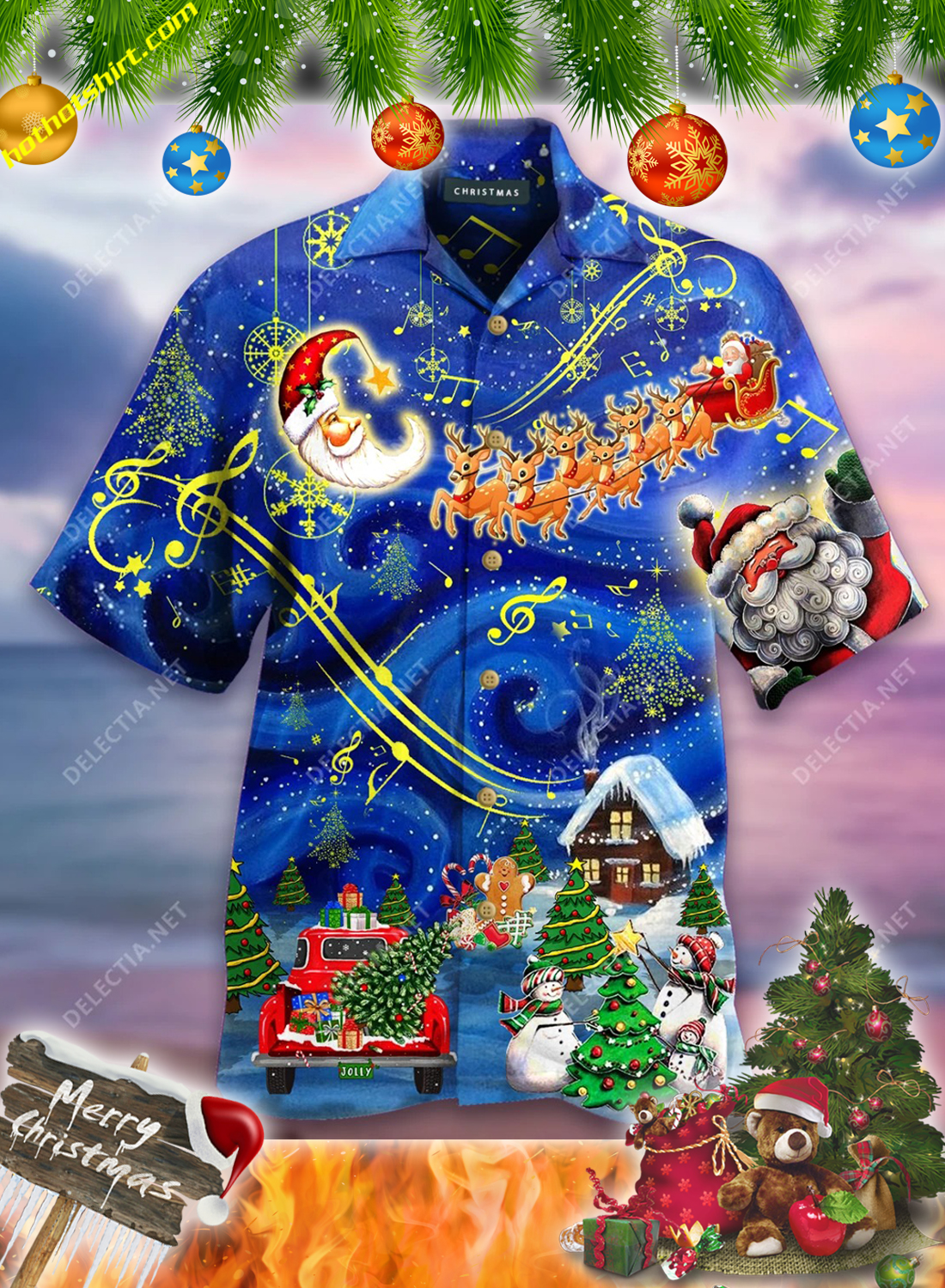 Santa and elk christmas sky hawaiian shirt 1