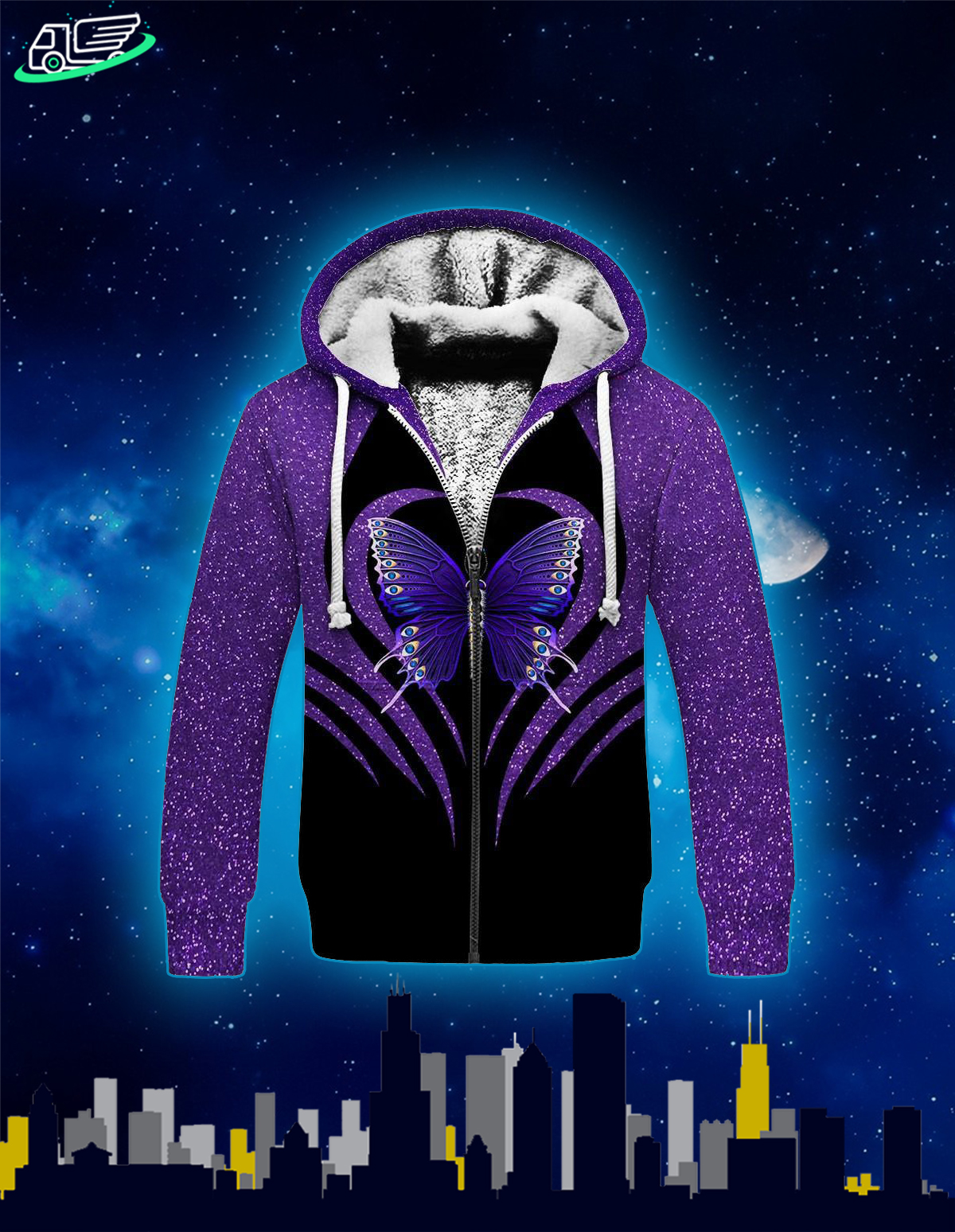 Purple butterfly all over printed fleece hoodie