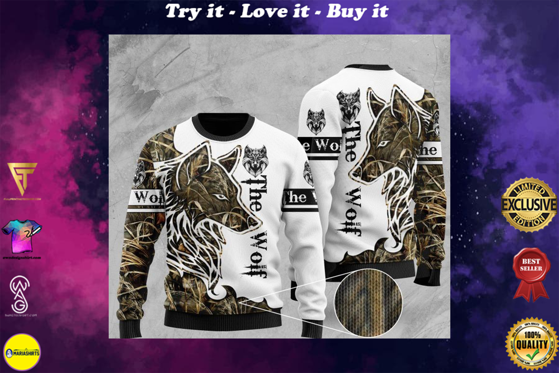 hunting the wolf full printing ugly sweater