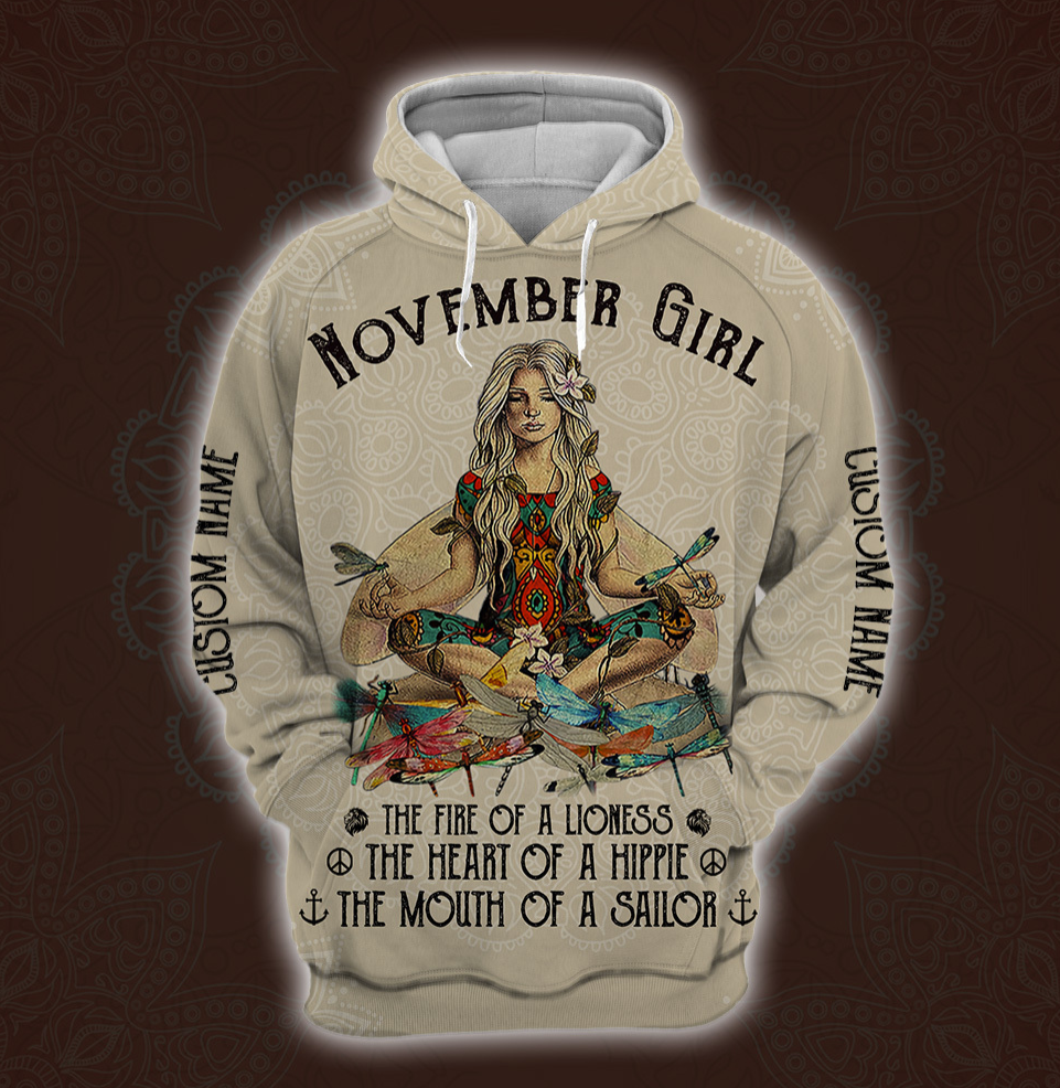 Yoga November Girl he fire of a lioness the heart of a hippie the mouth of a sailor all over printed 3D hoodie – dnstyles