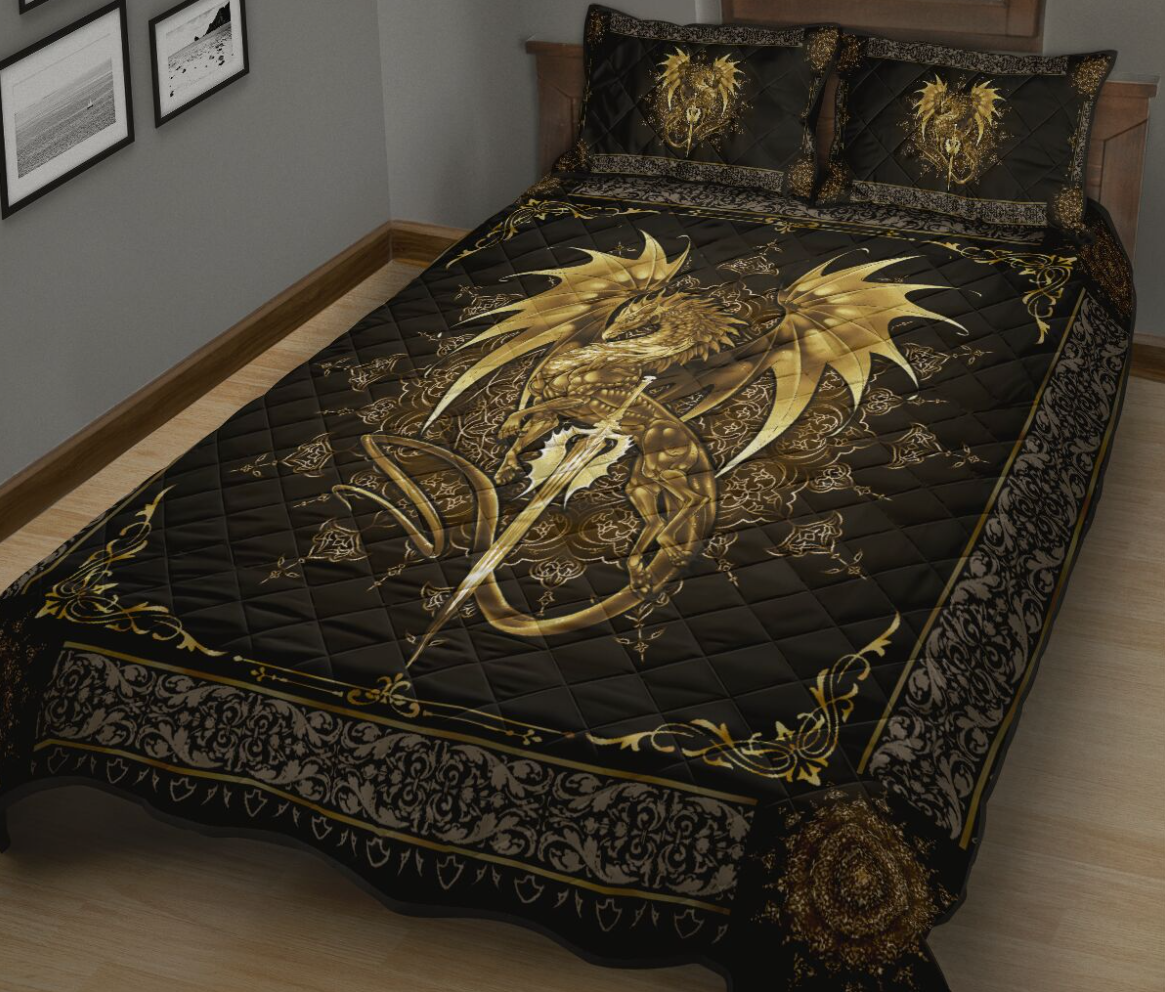 Dragon motif gold bedding set 1