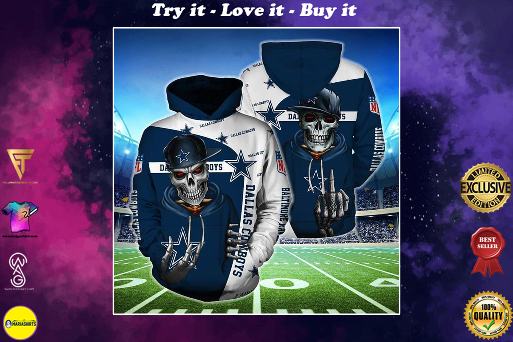 hip hop skull dallas cowboys football team full over printed shirt