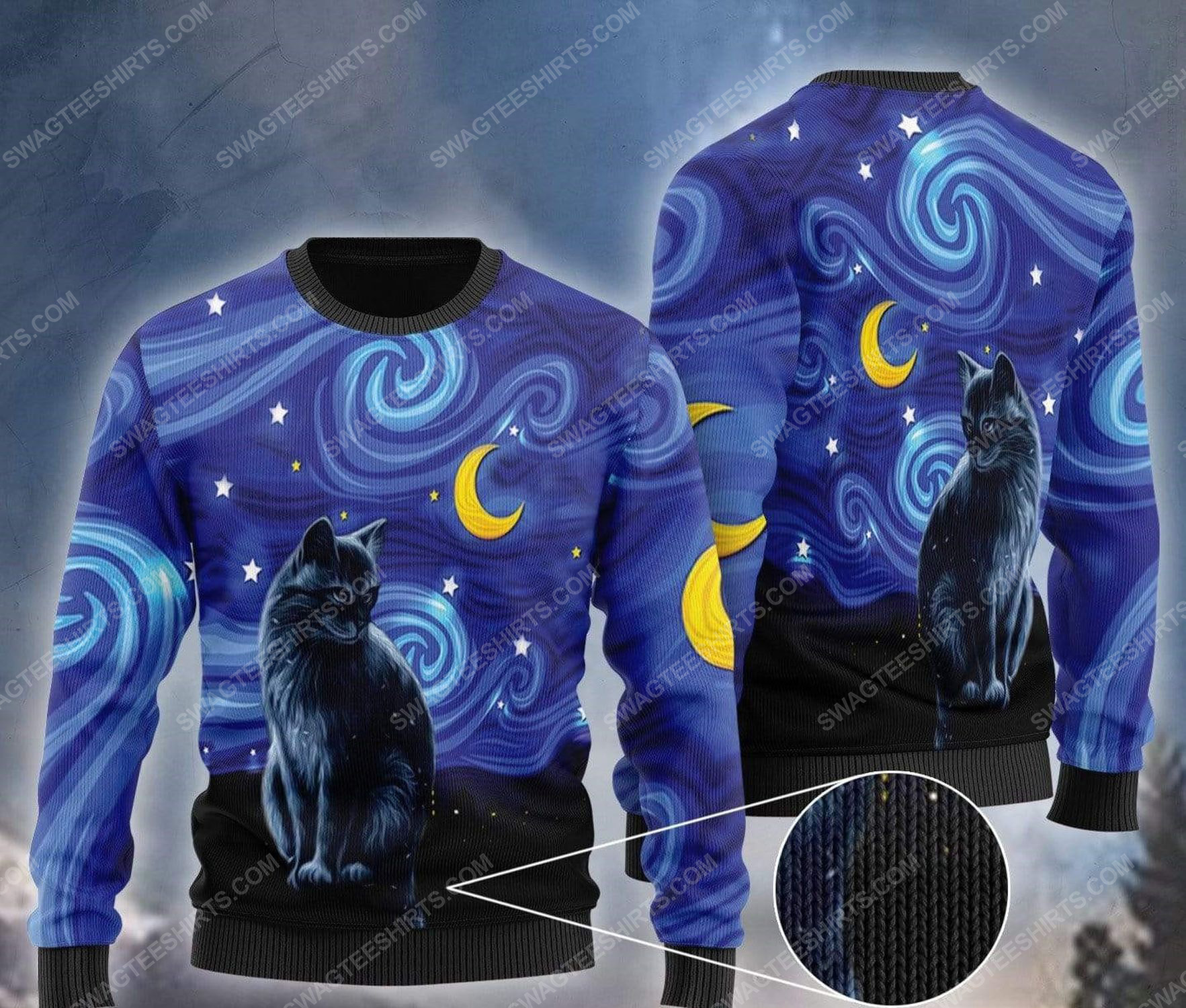 [special edition] Black cat vincent van gogh starry night ugly christmas sweater – maria