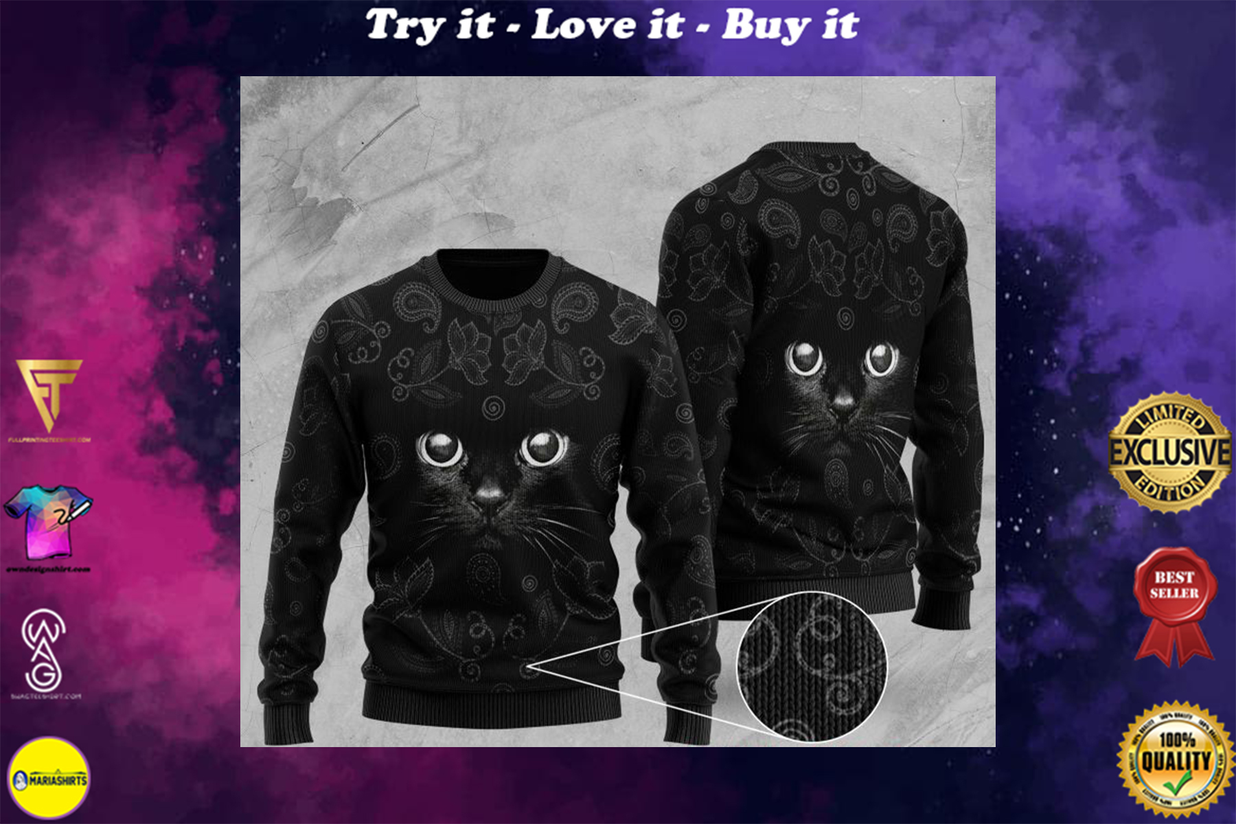 black cat full printing ugly sweater