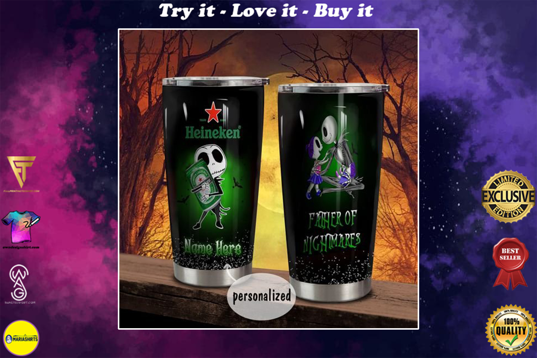 [special edition] custom name jack skellington and heineken beer tumbler – maria