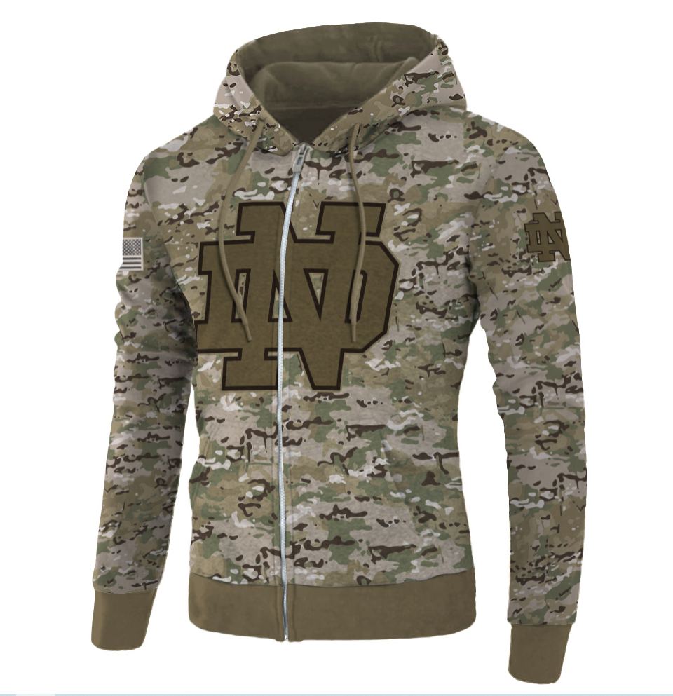 Army camo Notre Dame Fighting all over printed 3D zip hoodie