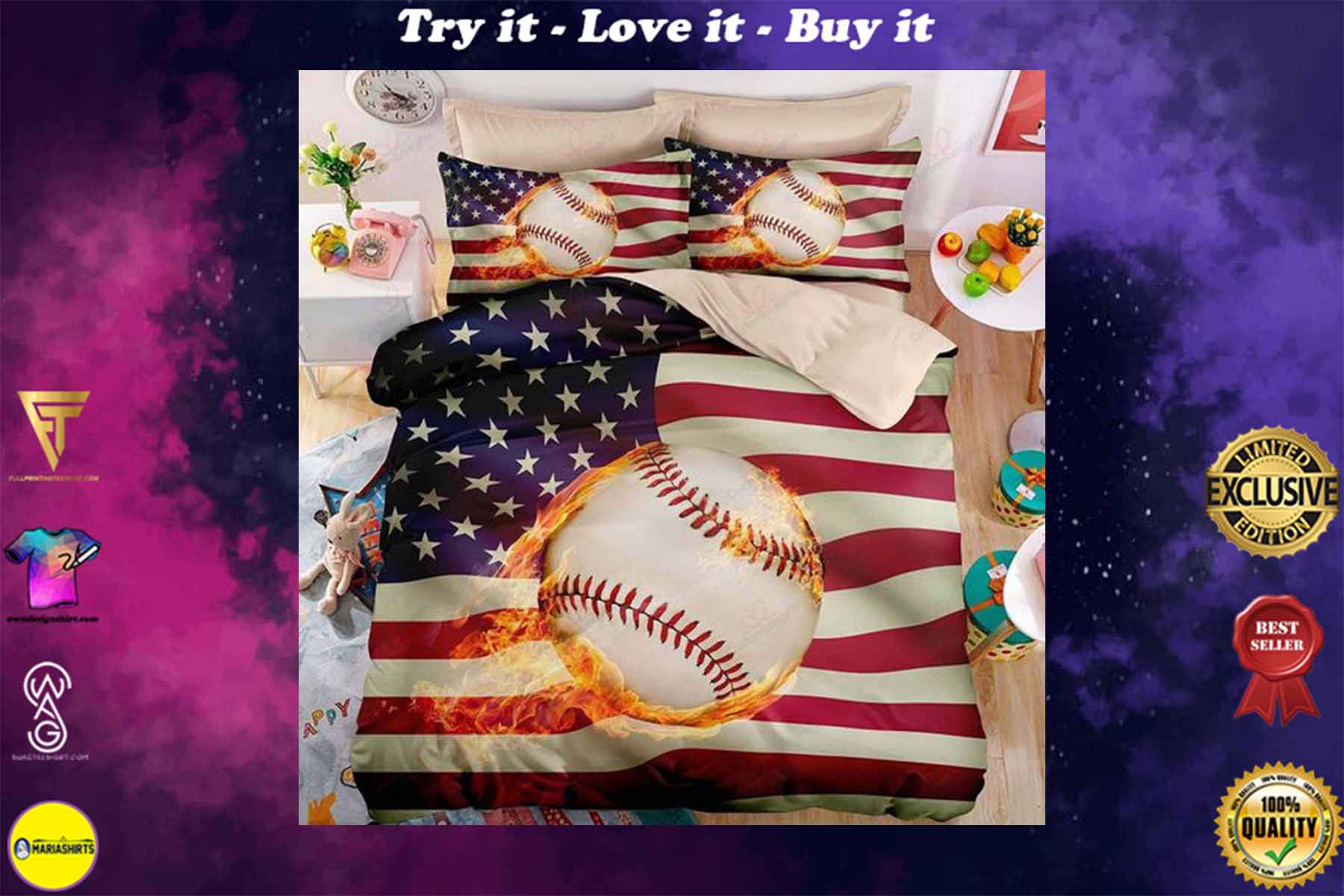 [special edition] baseball fire with american flag bedding set – maria