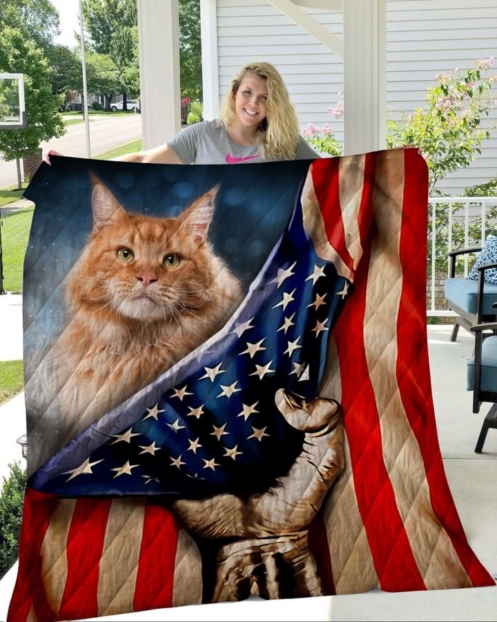 American flag cat all over printed quilt 1
