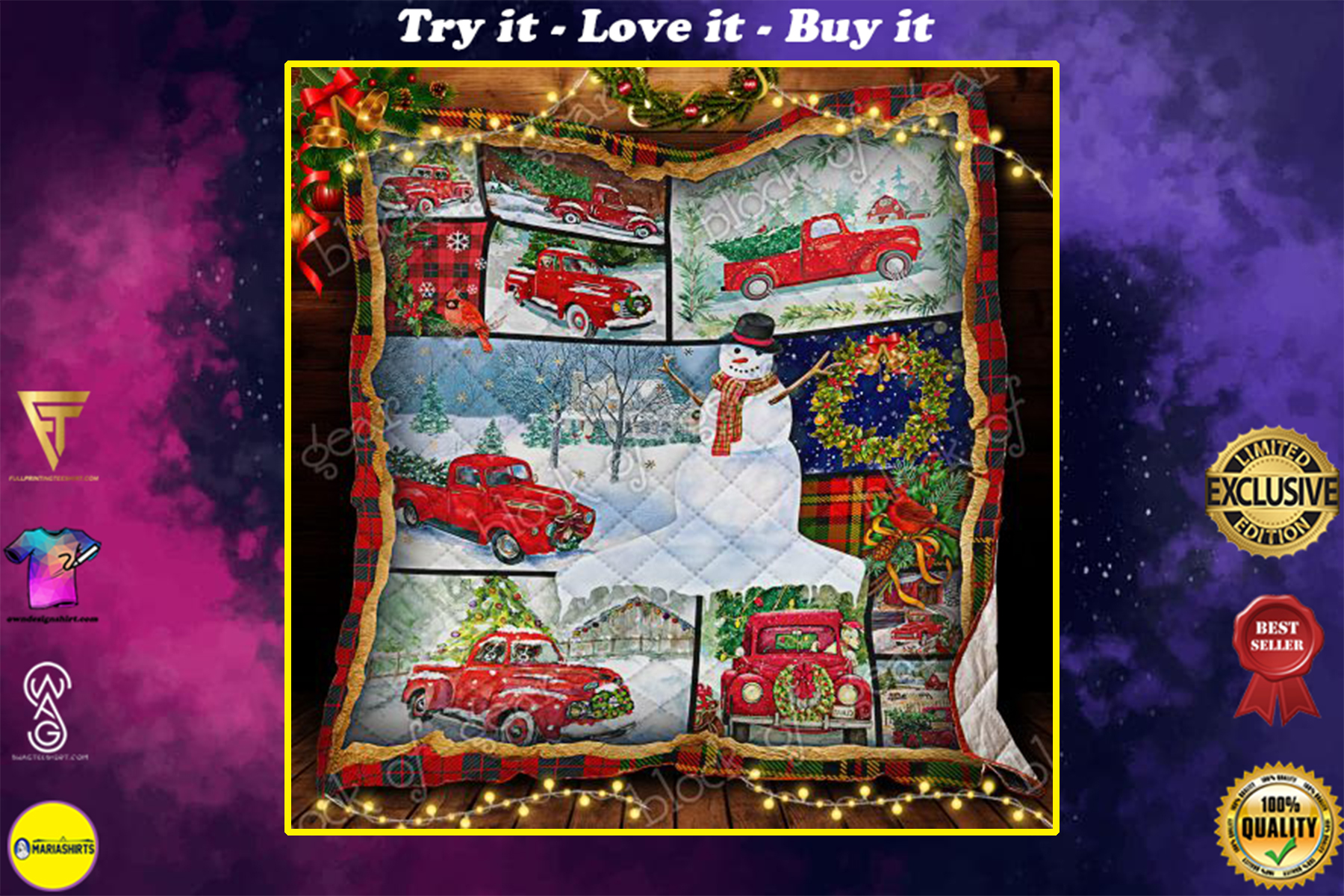 vintage christmas red truck and snowman all over print quilt