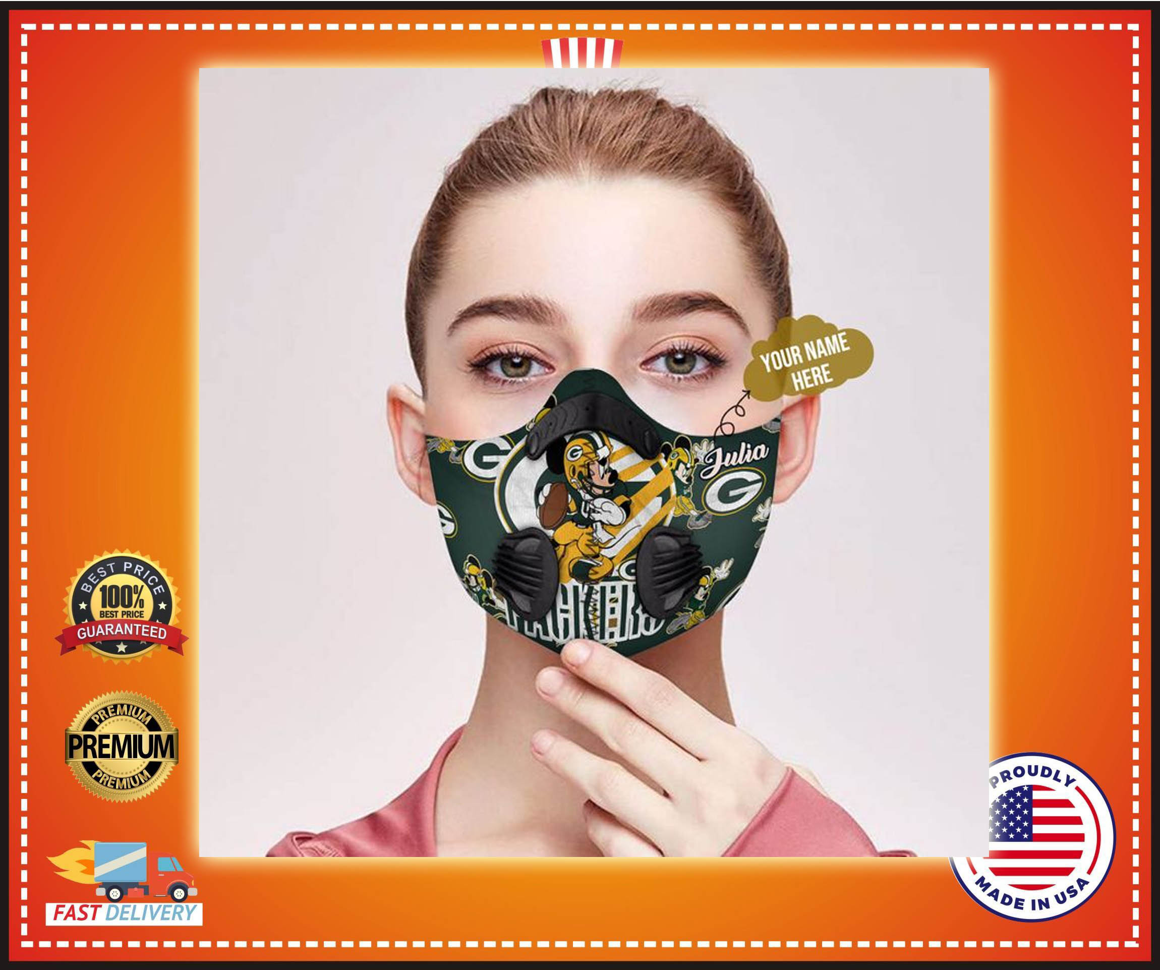 Mickey Mouse Green Bay Packer custom Personalized name filter face mask 2