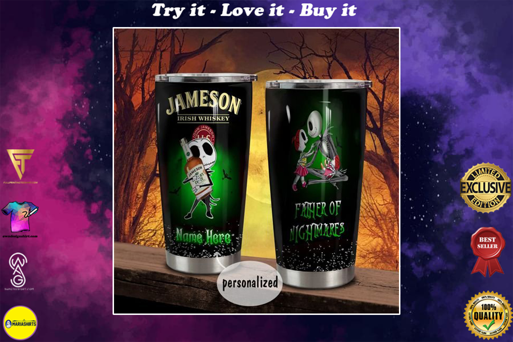 [special edition] custom name jack skellington and jameson irish whiskey tumbler – maria