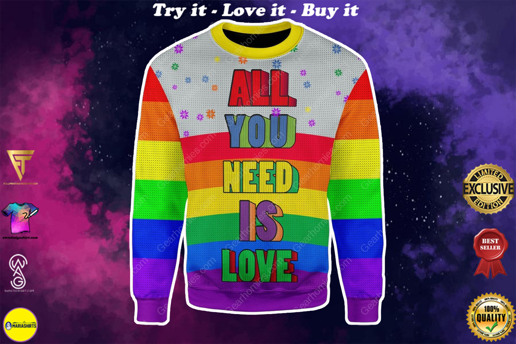 [special edition] all you need is love lgbt all over printed ugly christmas sweater – maria