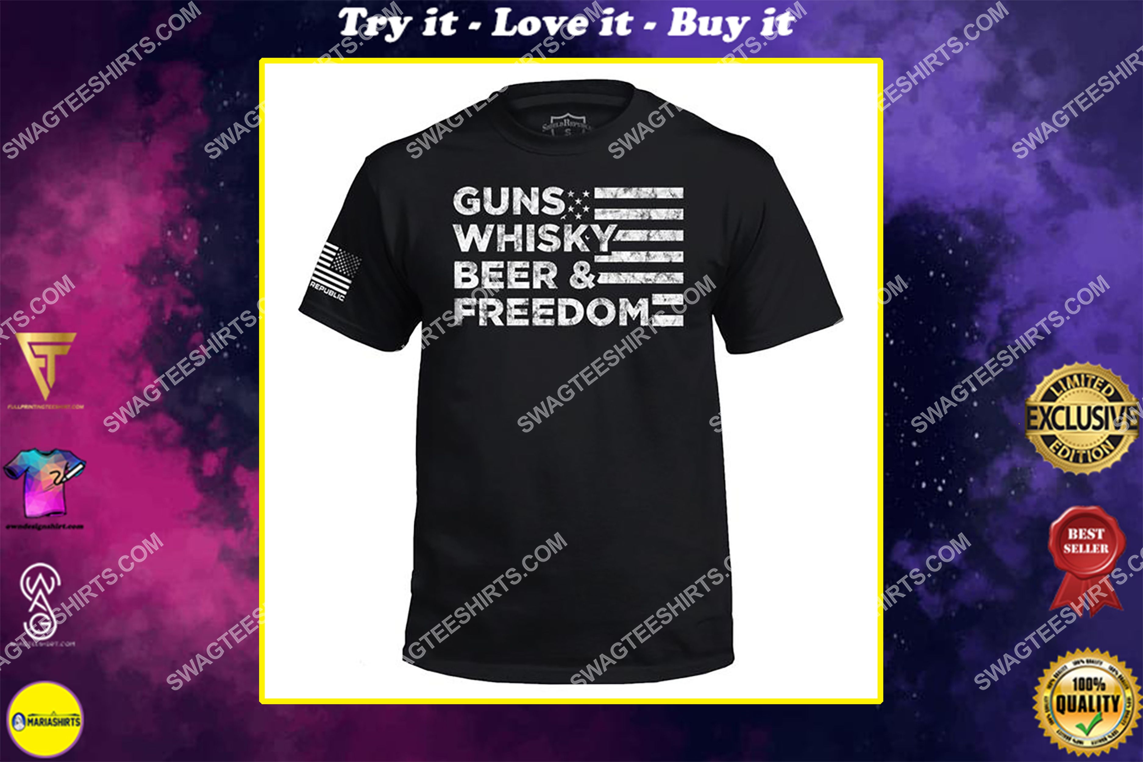 [special edition] guns whisky beer and freedom gun control political shirt – maria