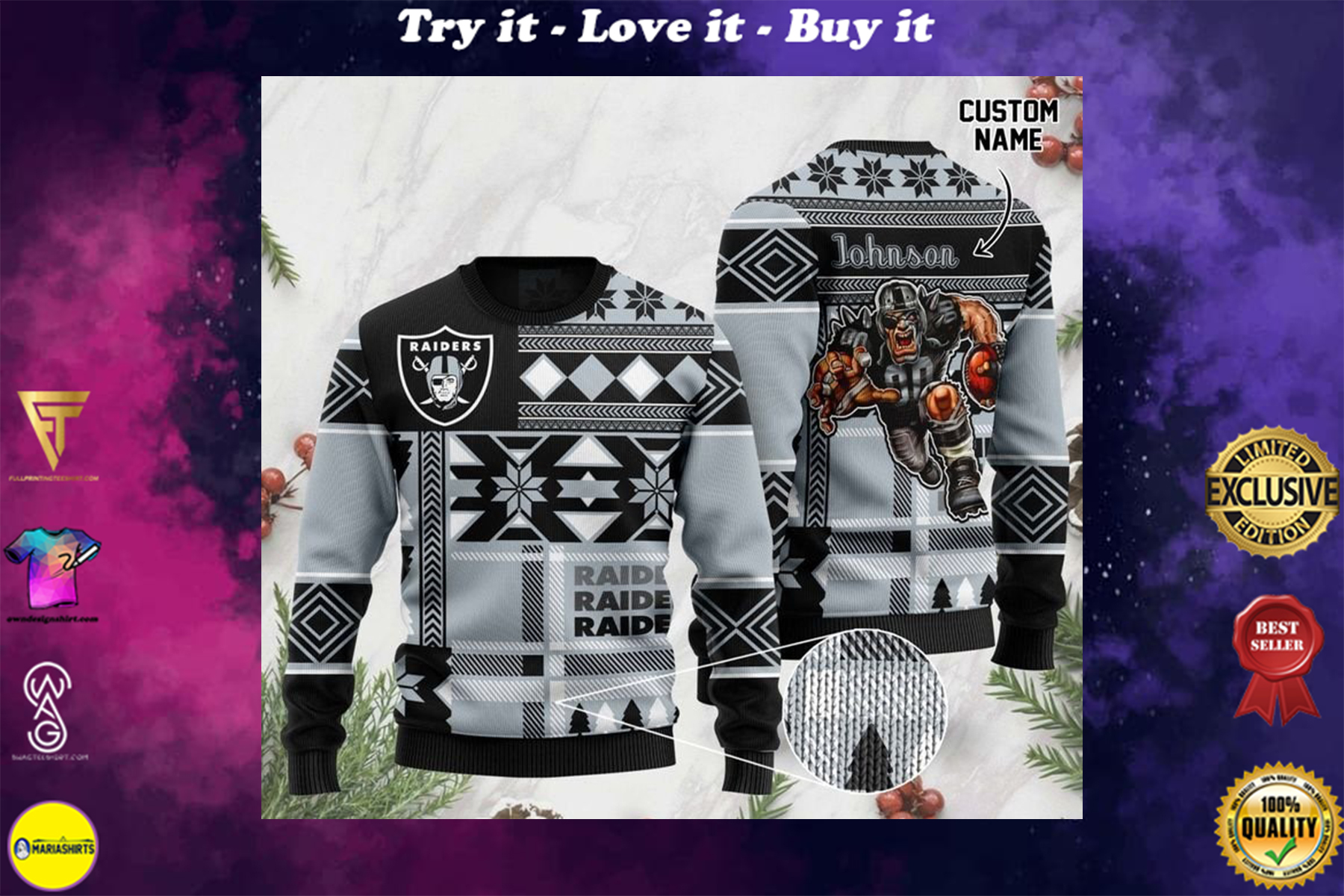 [special edition] custome name las vegas raiders football team christmas ugly sweater – maria