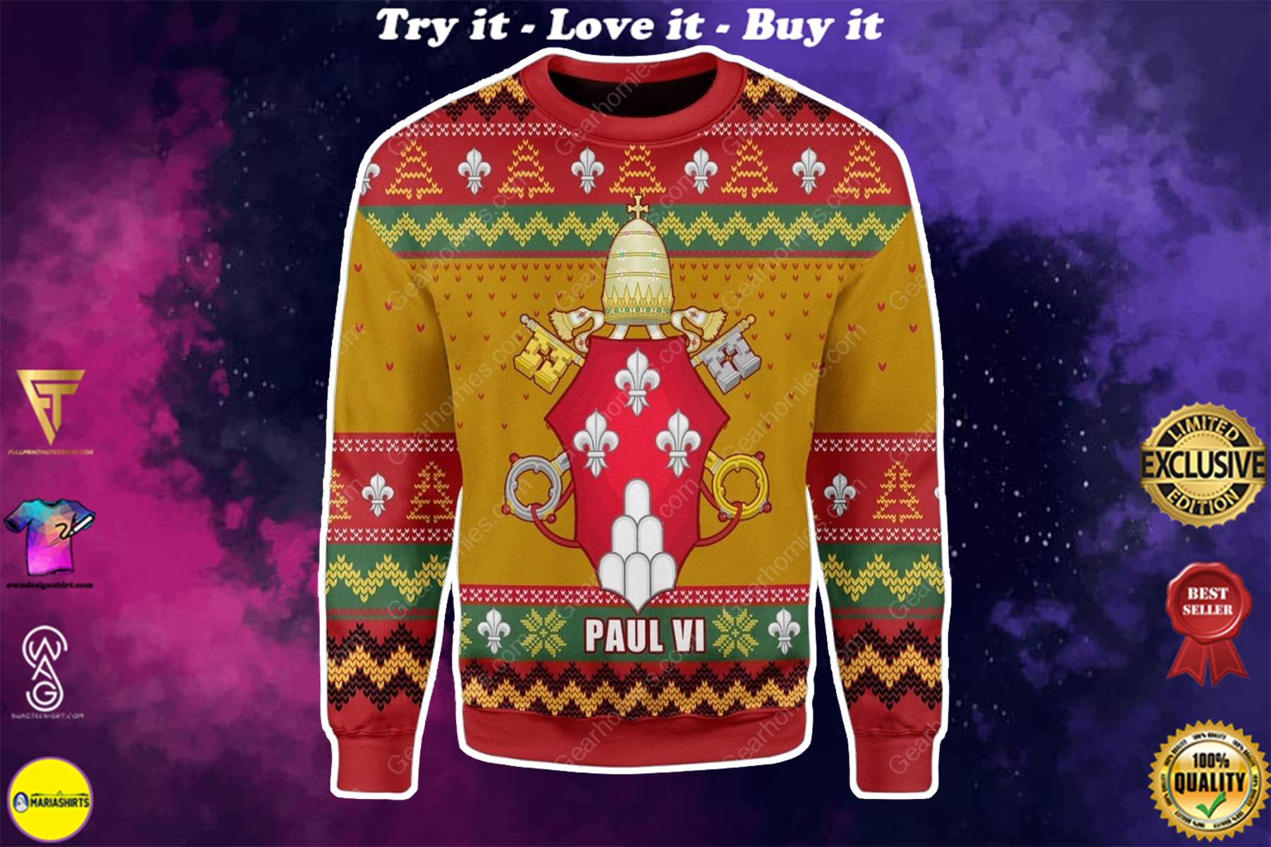 pope pope paul vi coat of arms all over printed ugly christmas sweater