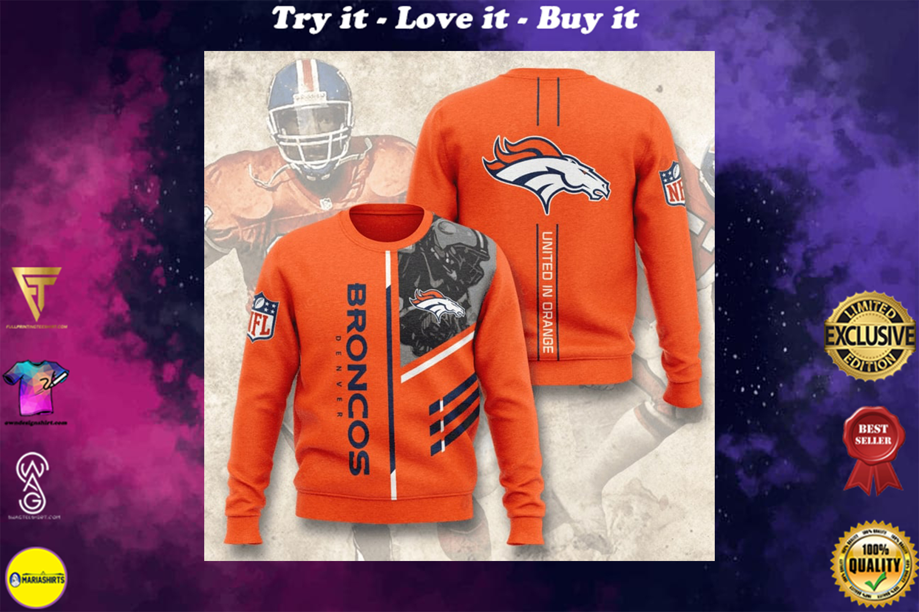 [special edition] denver broncos united in orange full printing ugly sweater – maria