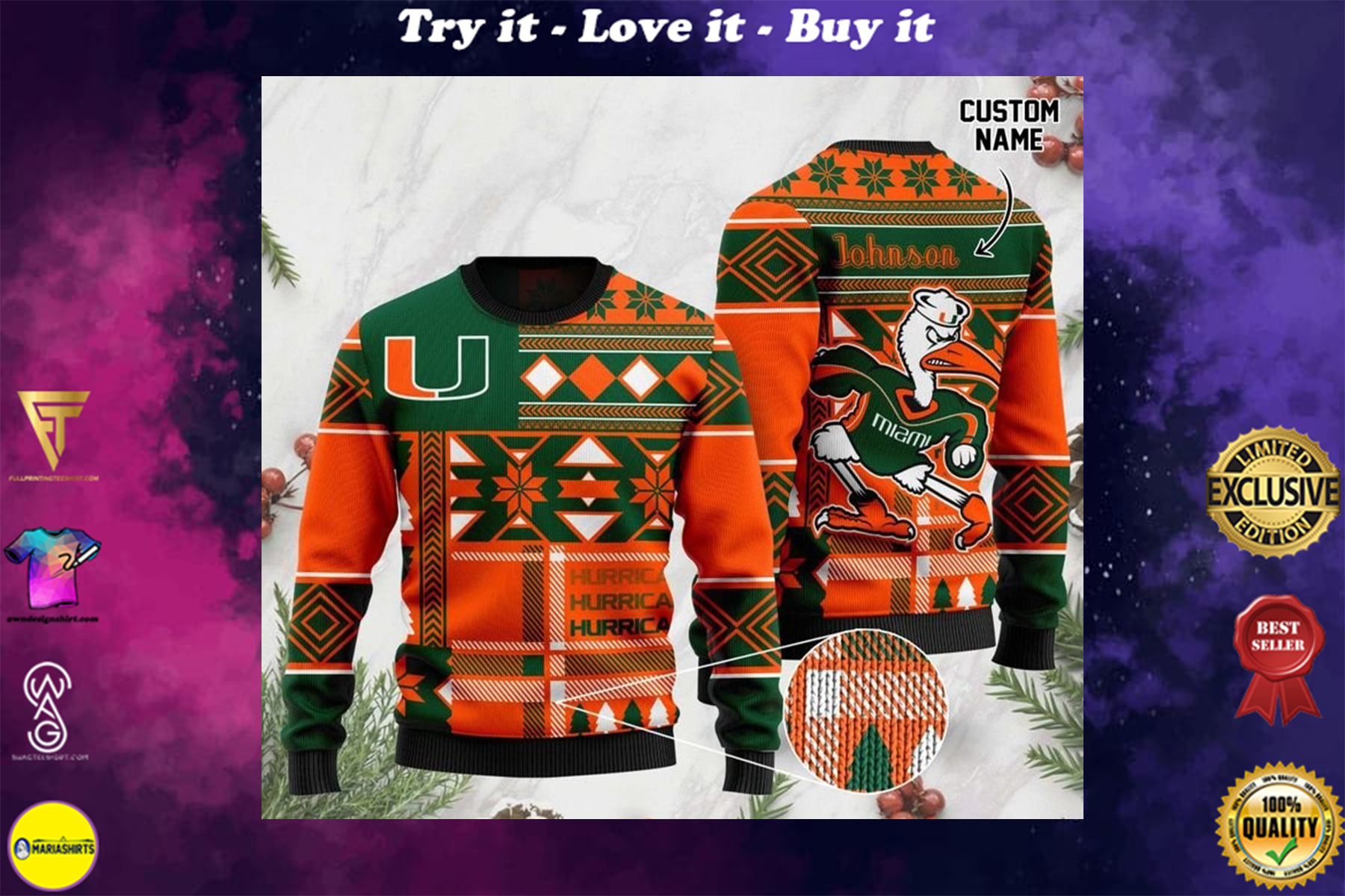 [special edition] custom name miami hurricanes football christmas ugly sweater – maria