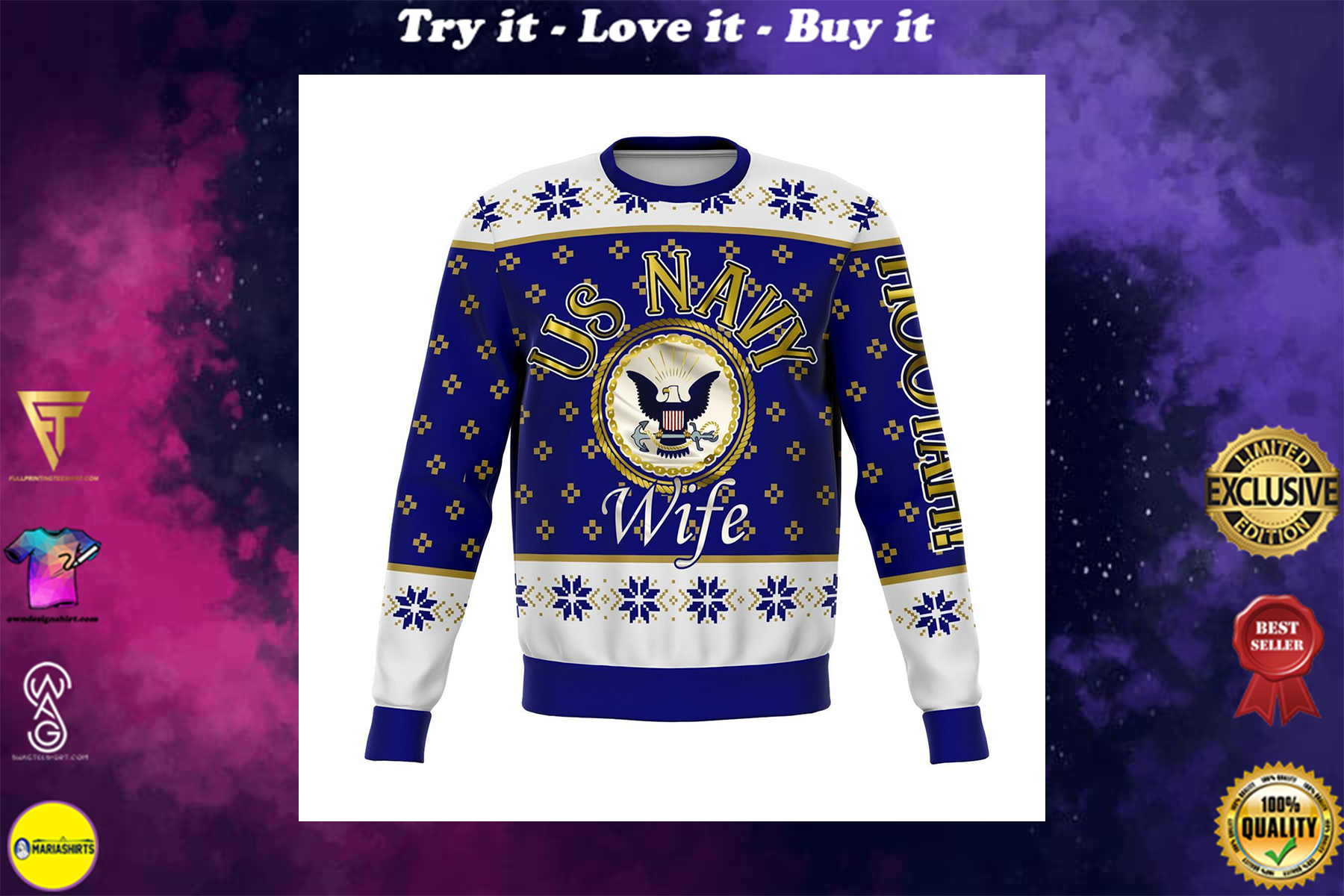 us navy wife all over printed ugly christmas sweater